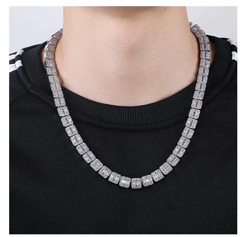 10mm Baguette Cluster Necklace Diamond Cluster Tennis Chain Hip Hop Jewelry Wedding Princess Rapper Gold Silver Metal Alloy 18 - 22in.