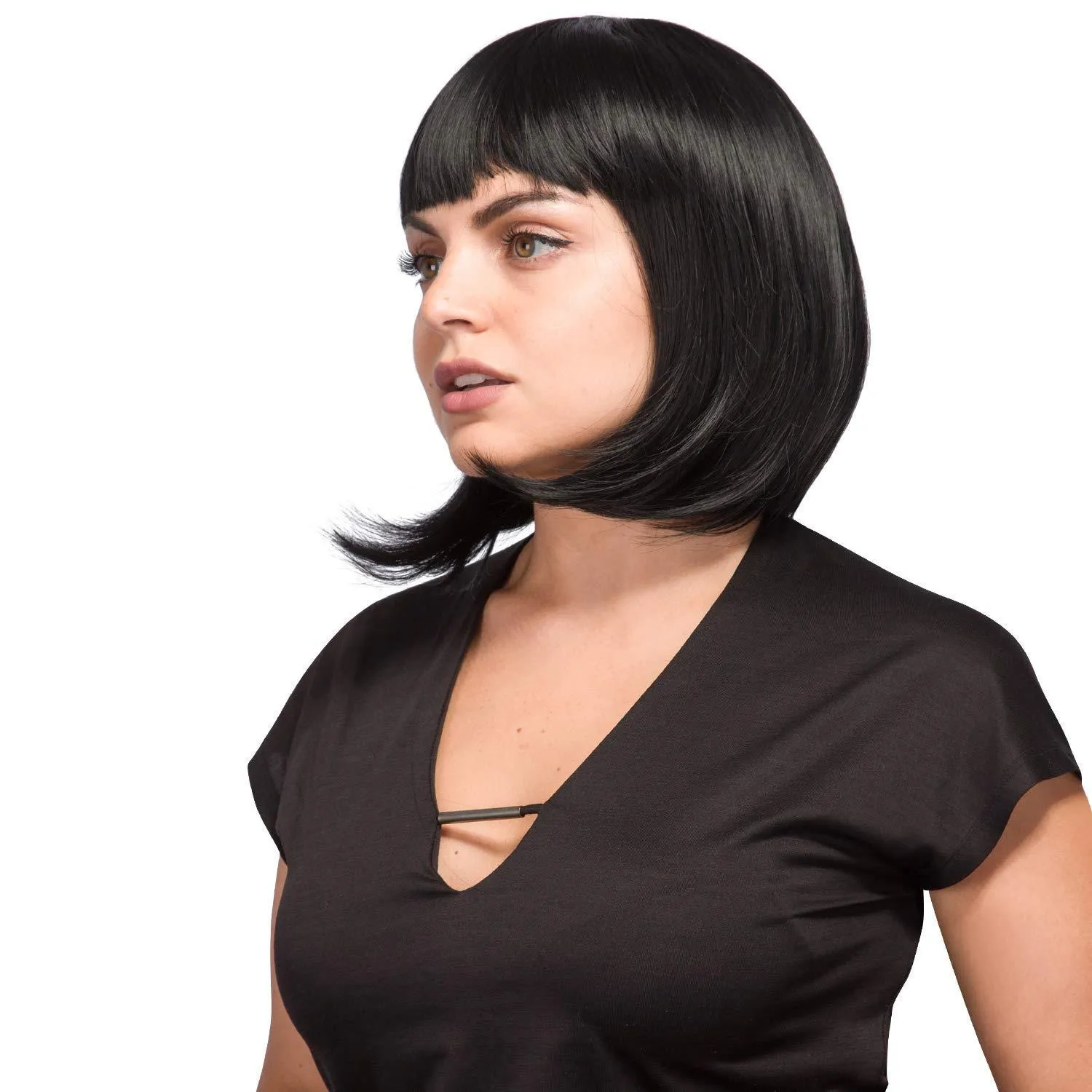 13 Inches Straight Heat Resistant Short Bob Full Hair Wigs with Flat Bangs