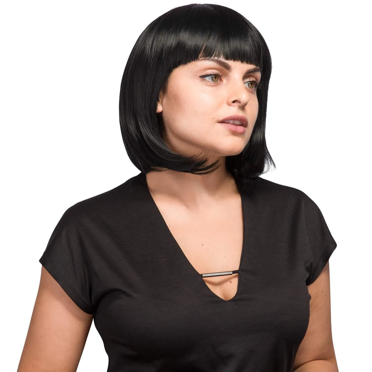 13 Inches Straight Heat Resistant Short Bob Full Hair Wigs with Flat Bangs