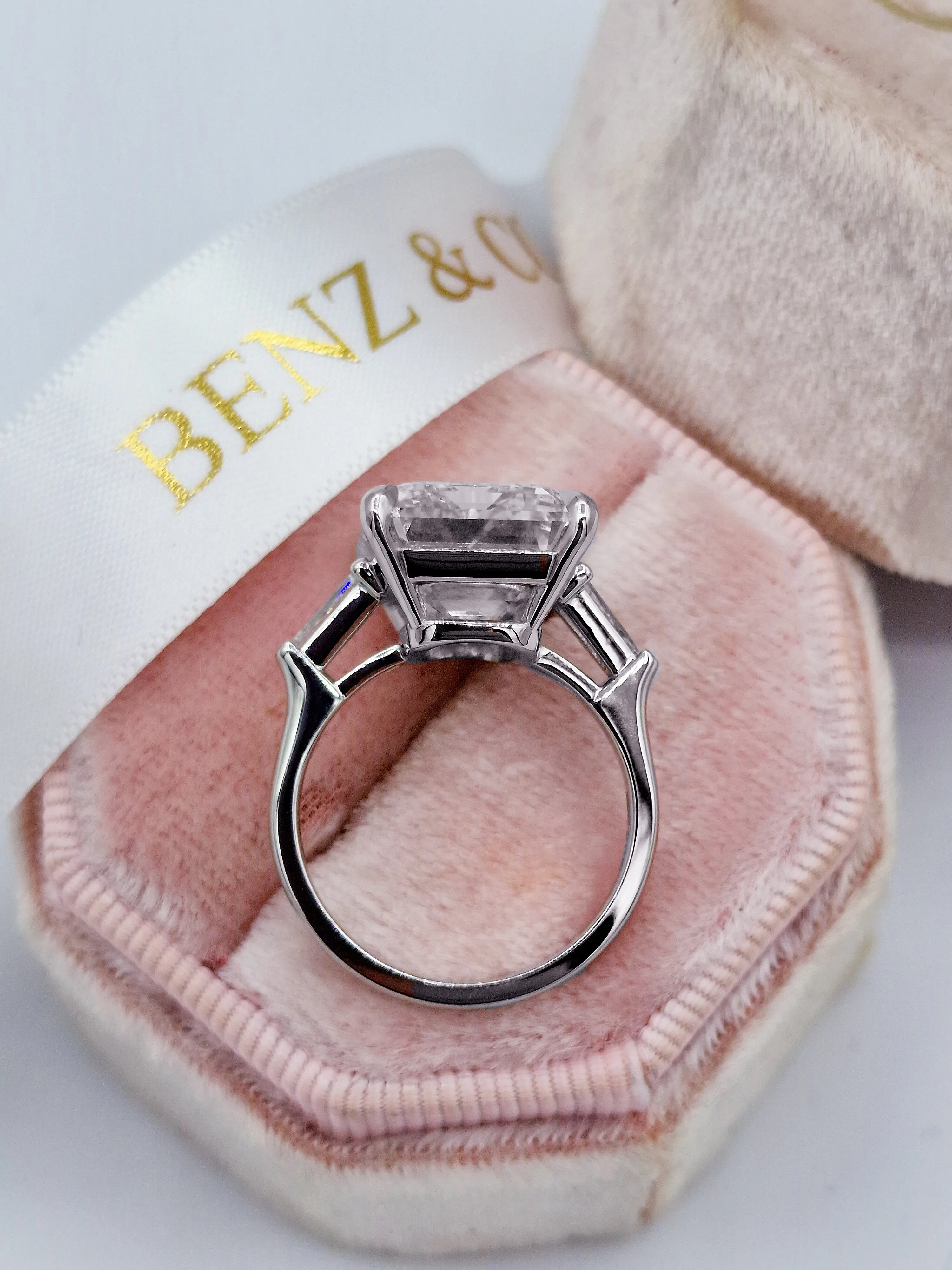 13.60 Carats Lab Grown Emerald Cut with Tapered Baguette Side Stones Diamond Engagement Ring