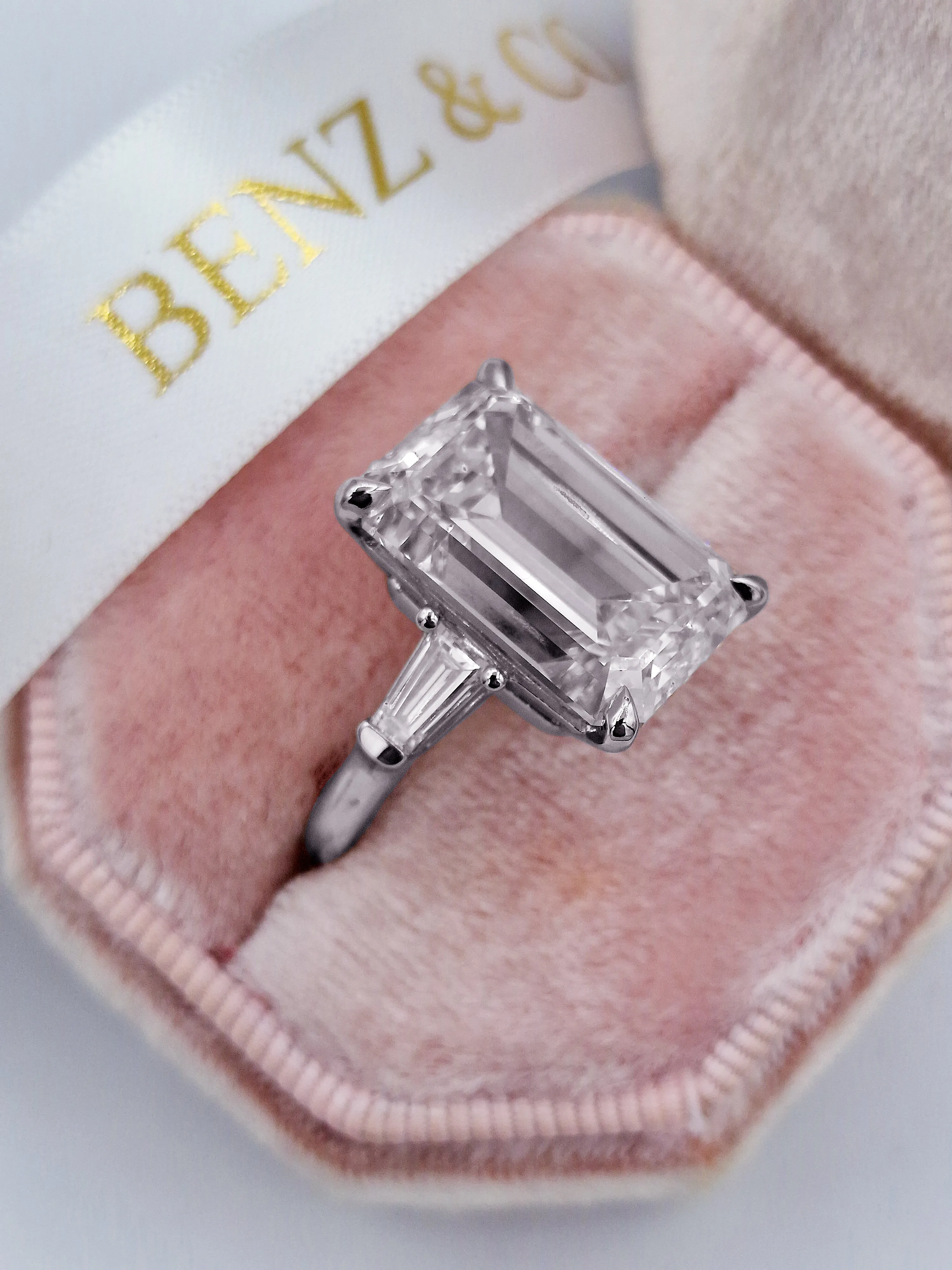 13.60 Carats Lab Grown Emerald Cut with Tapered Baguette Side Stones Diamond Engagement Ring