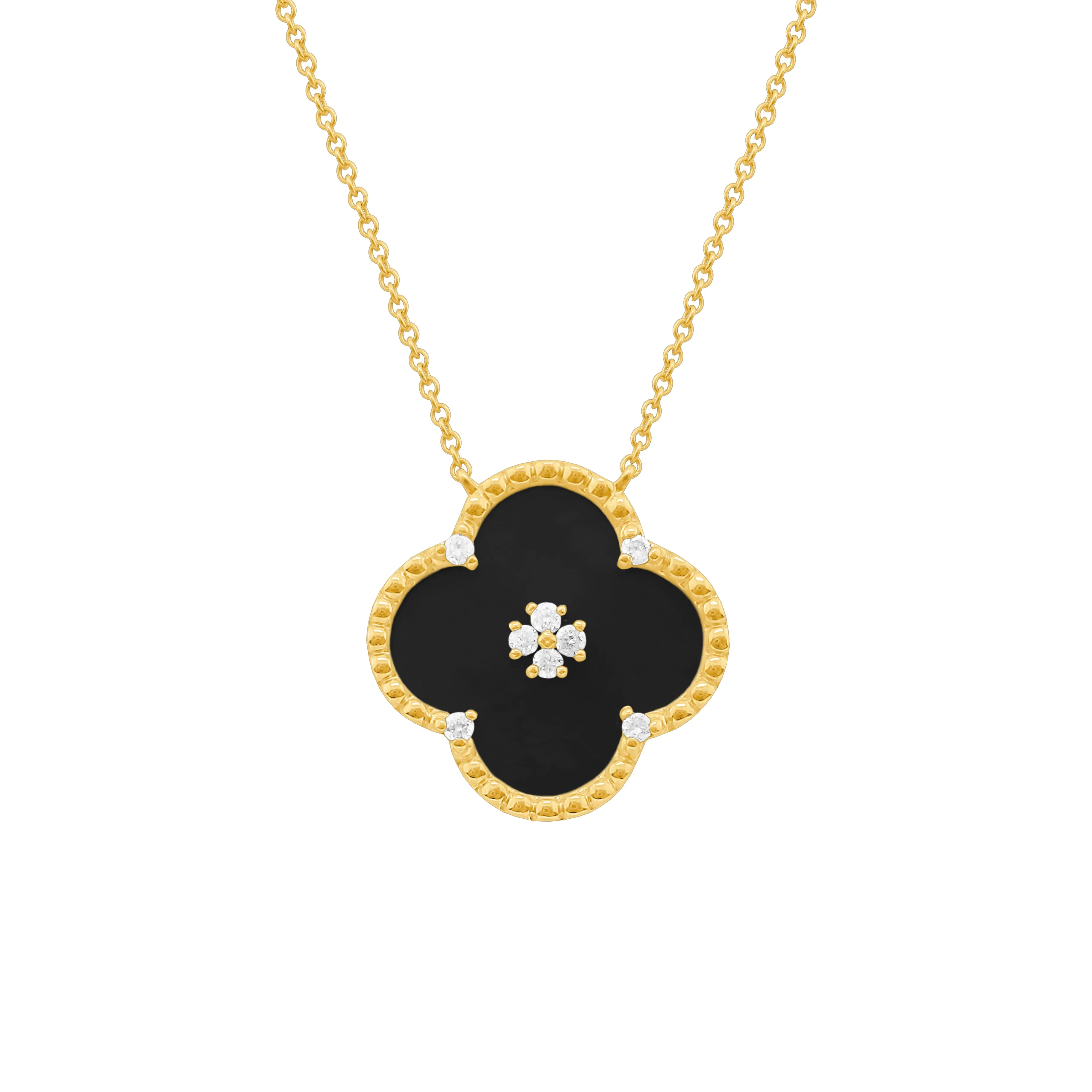 14K GOLD DIAMOND ONYX BRIA CLOVER NECKLACE