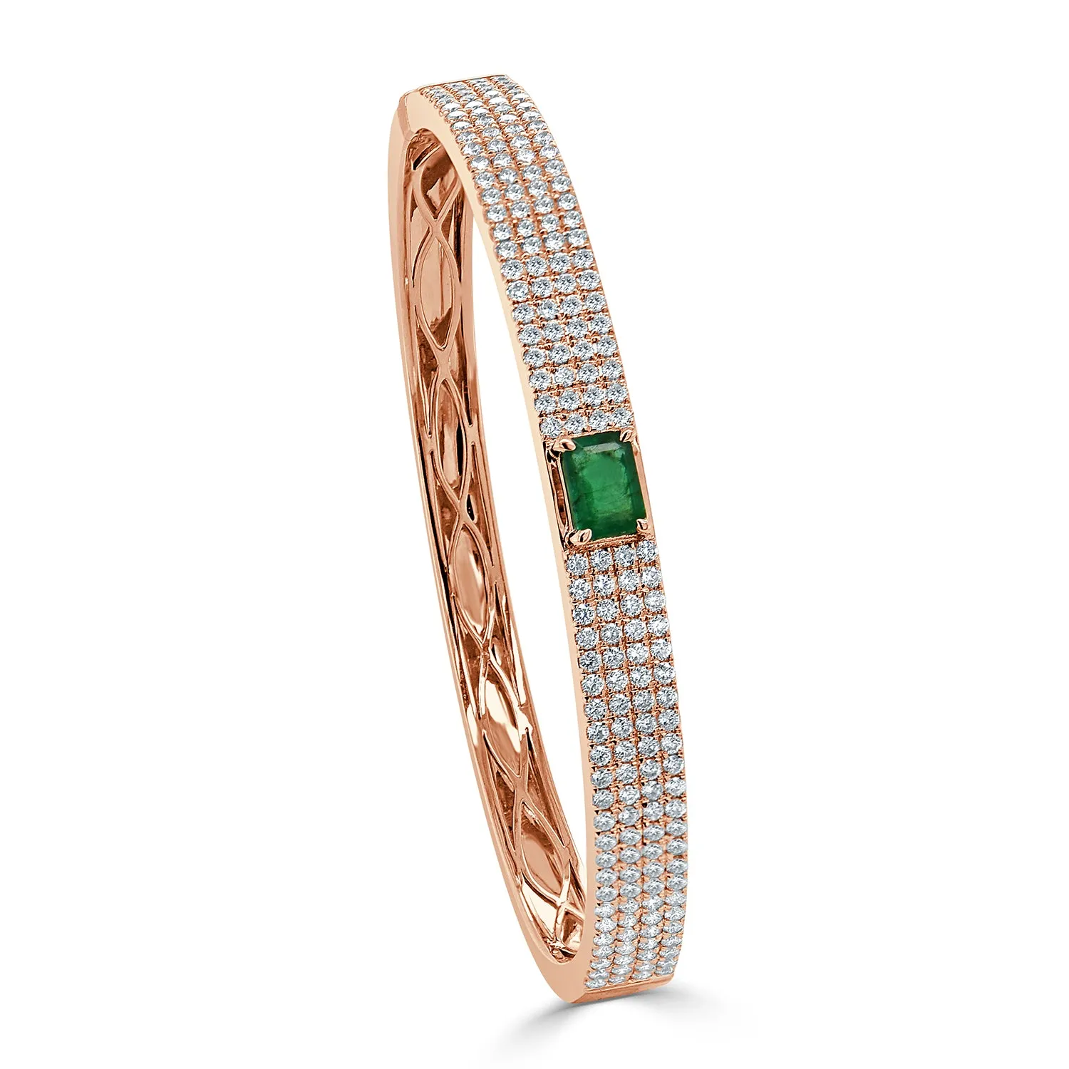 14k Gold Emerald-Cut Green Emerald & Diamond Bangle