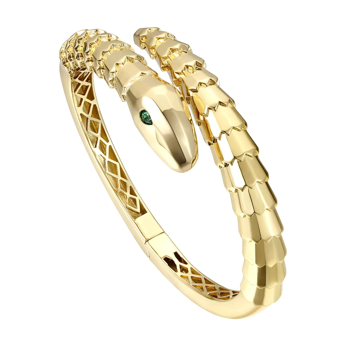 14k Gold Plated with Emerald Cubic Zirconia Textured Coiled Serpent Bypass Bangle Bracelet