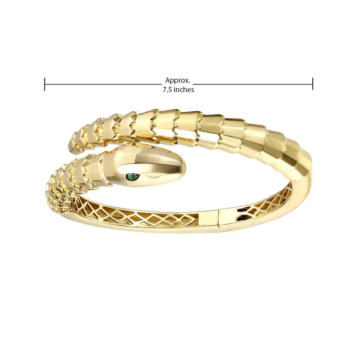 14k Gold Plated with Emerald Cubic Zirconia Textured Coiled Serpent Bypass Bangle Bracelet