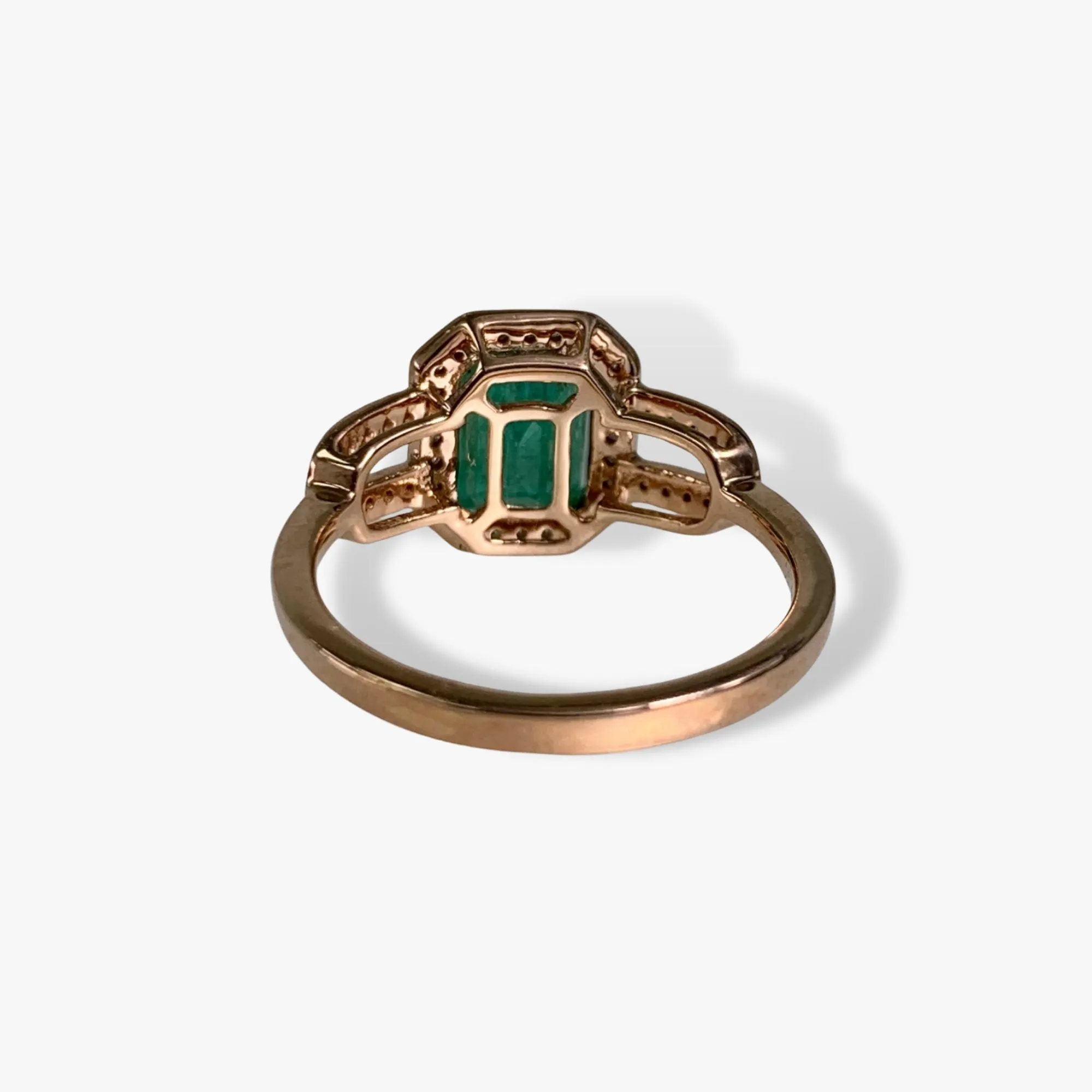 14k Rose Gold Emerald Cut Emerald Diamond Halo Ring