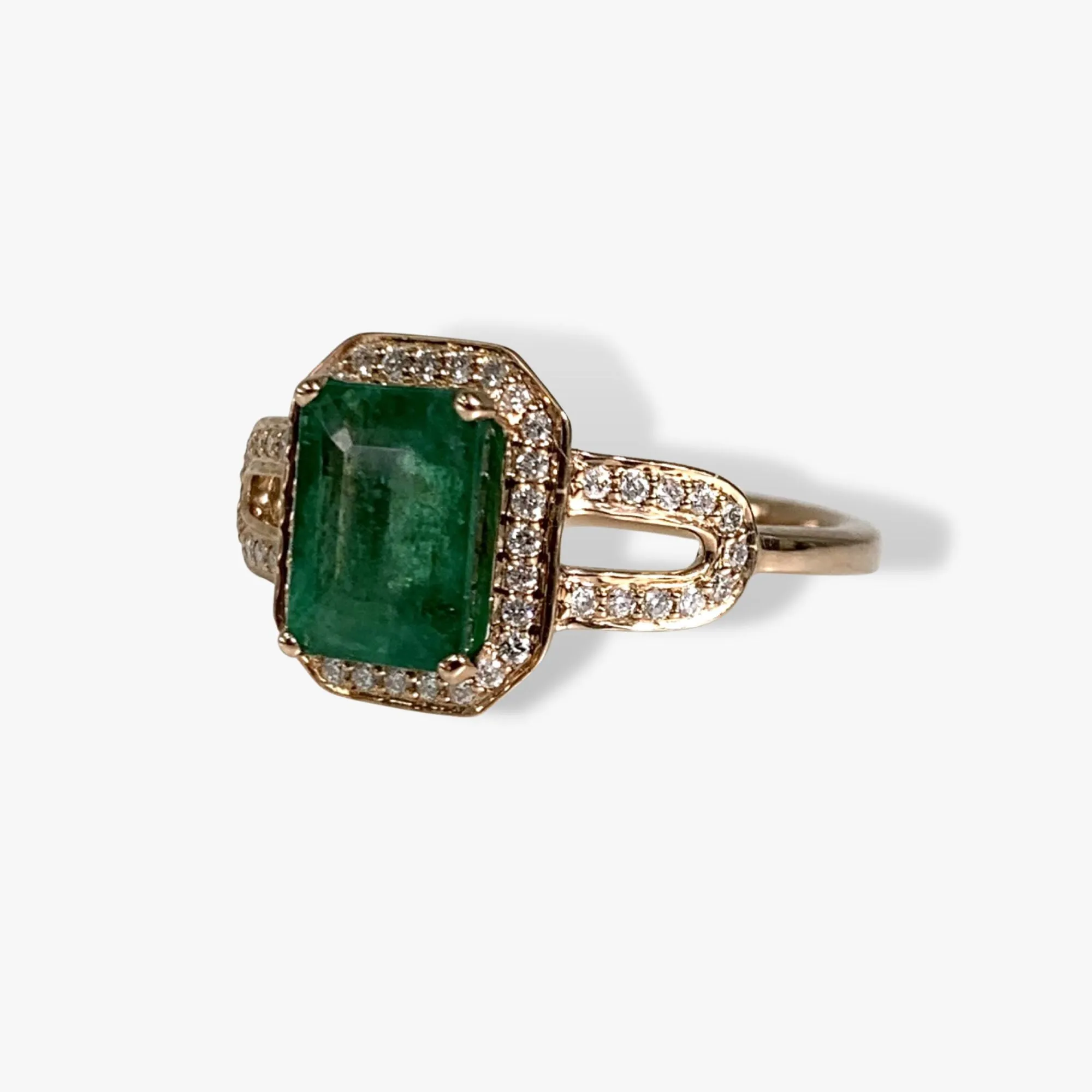 14k Rose Gold Emerald Cut Emerald Diamond Halo Ring