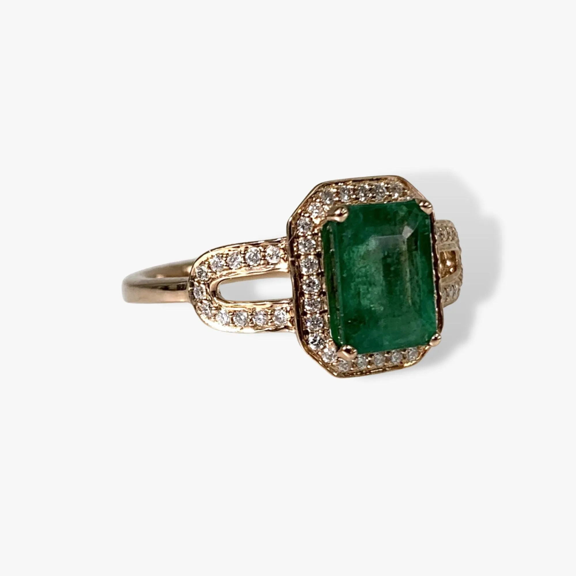 14k Rose Gold Emerald Cut Emerald Diamond Halo Ring