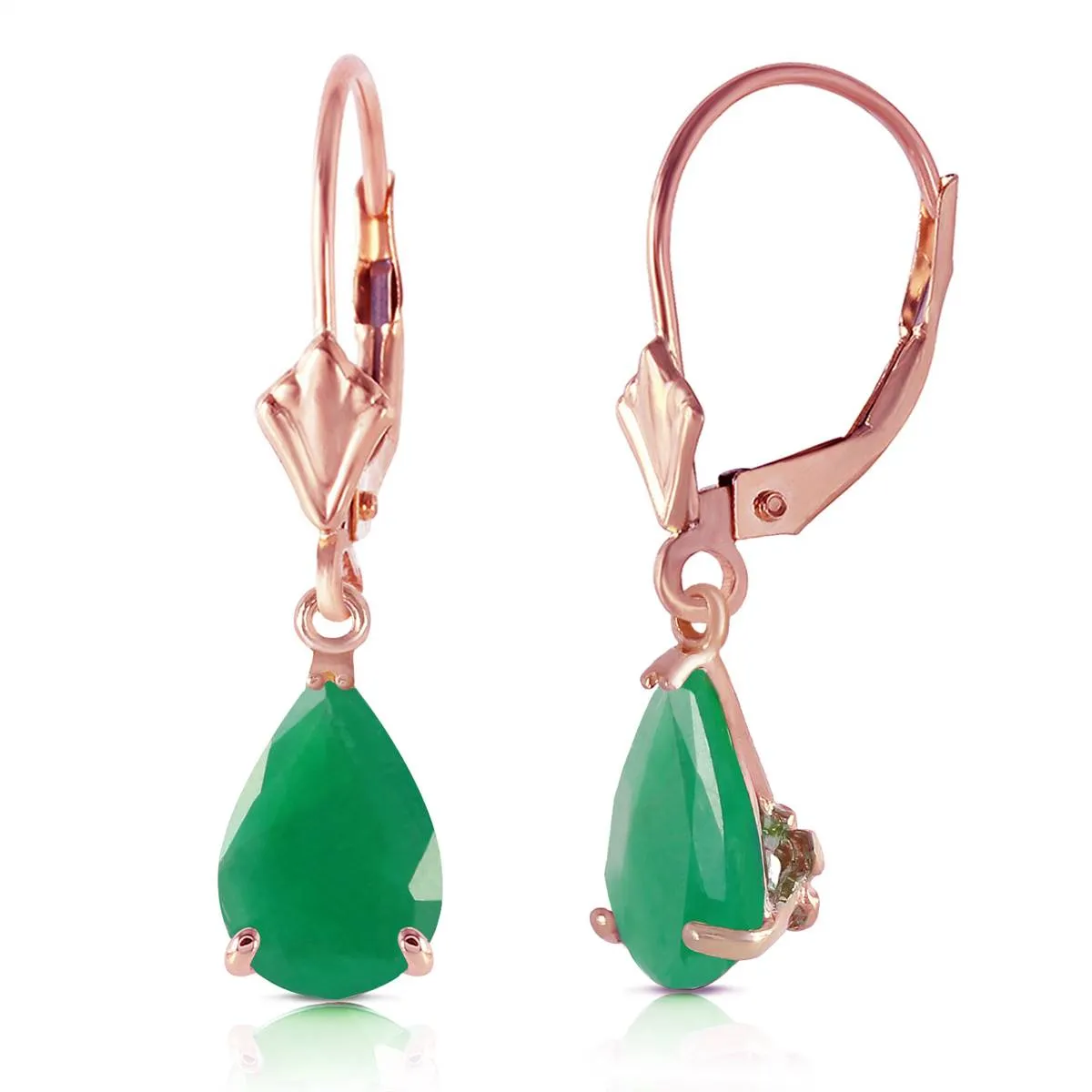 14K Solid Rose Gold Leverback Earrings Emerald Gemstone