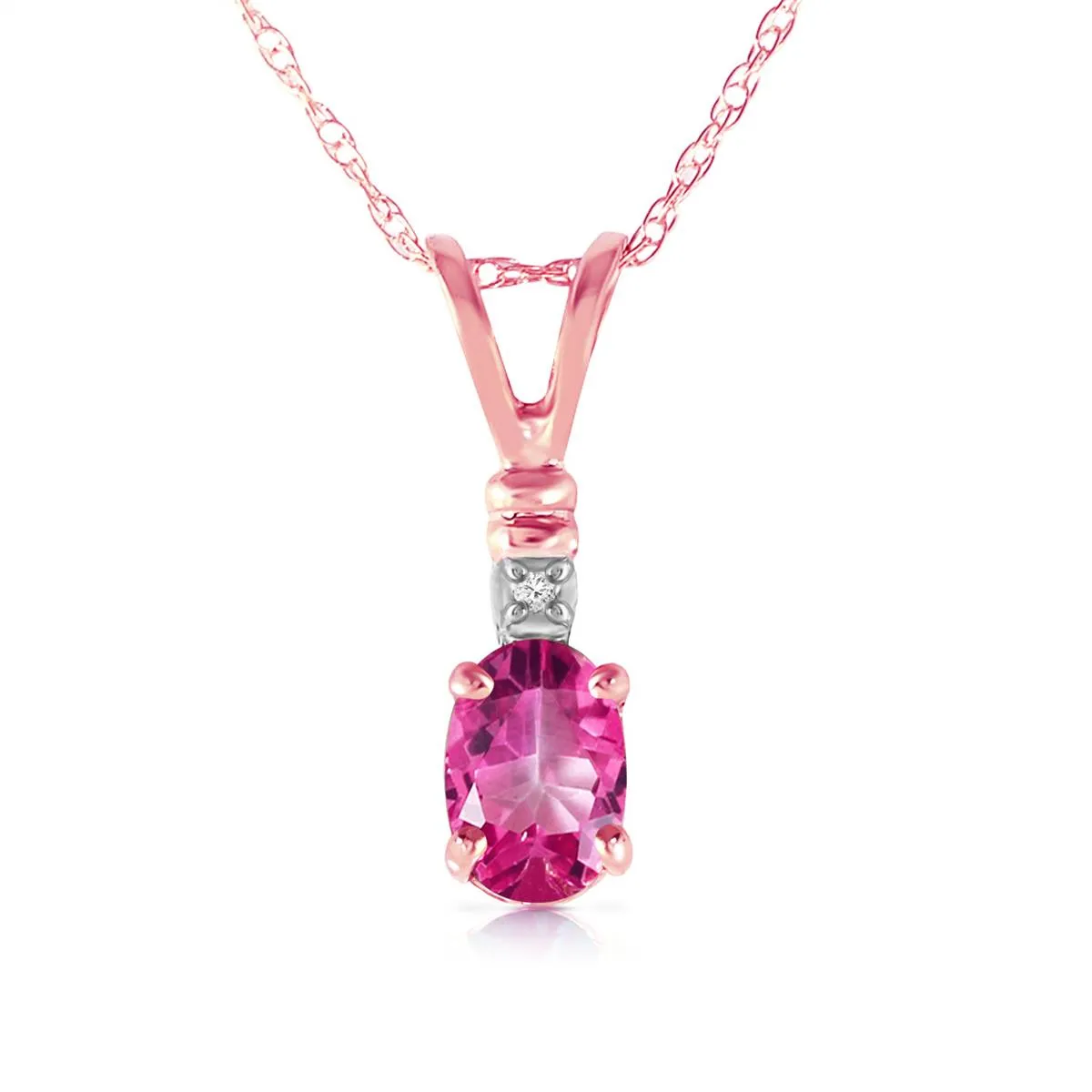 14K Solid Rose Gold Natural Diamond & Pink Topaz Necklace Gemstone