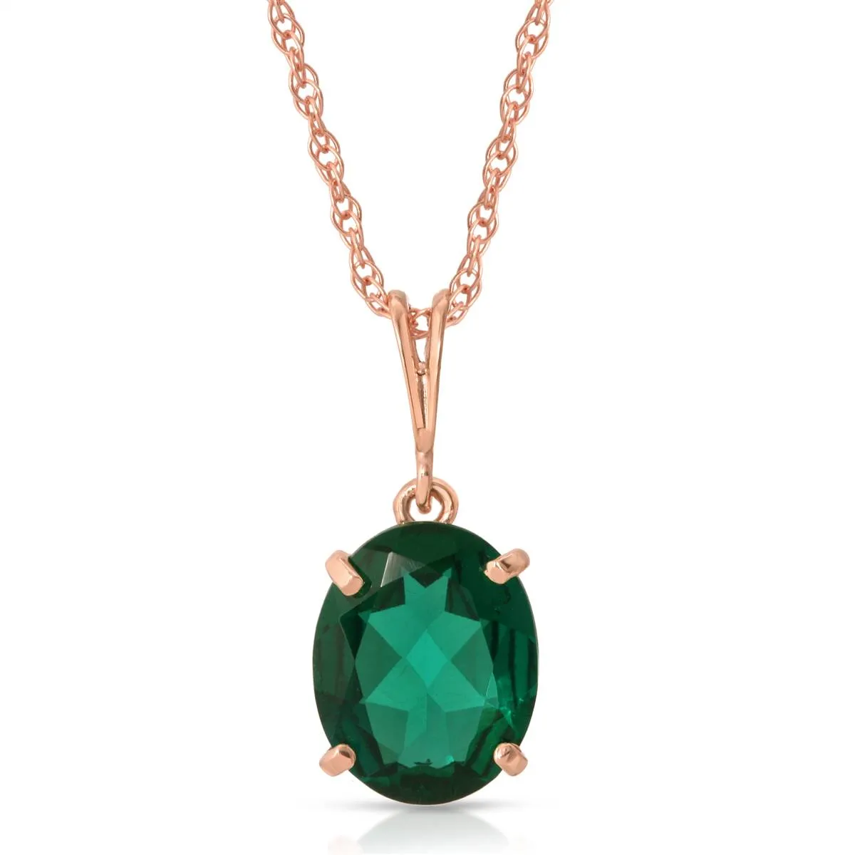 14K Solid Rose Gold Necklace With Oval Shape 1.90 ctw High Polished Genuine Emerald - Grade AAA