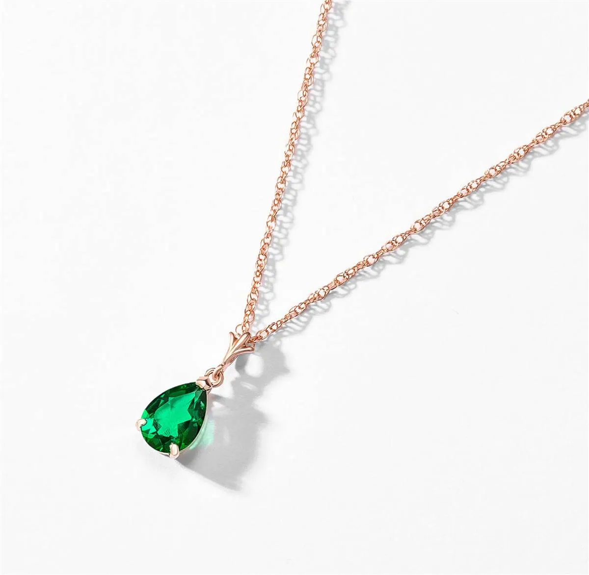 14K Solid Rose Gold Necklace With Pear Shape 1.00 ctw High Polished Genuine Emerald - Grade AAA