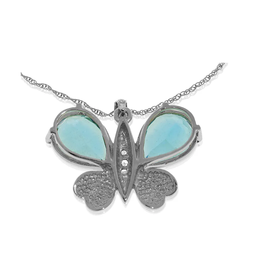 14K Solid White Gold Butterfly Necklace Natural Diamond & Blue Topaz Gemstone