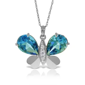 14K Solid White Gold Butterfly Necklace Natural Diamond & Blue Topaz Gemstone