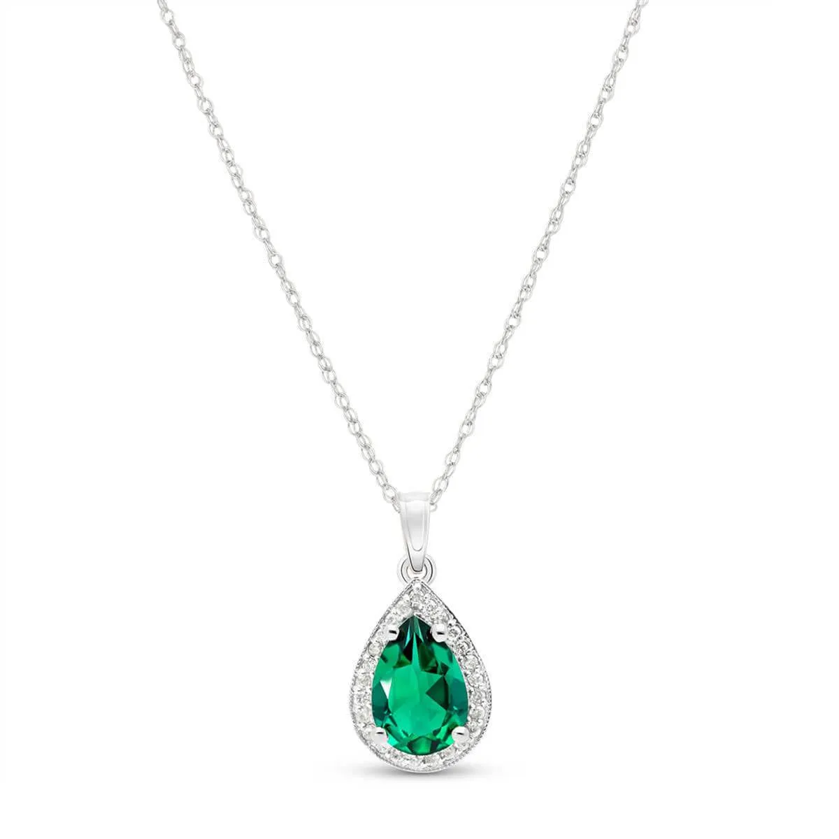 14K Solid White Gold Necklace With Natural Diamonds & Genuine Emerald 1.58 ctw High Polished Brilliant Cut - Grade AAA