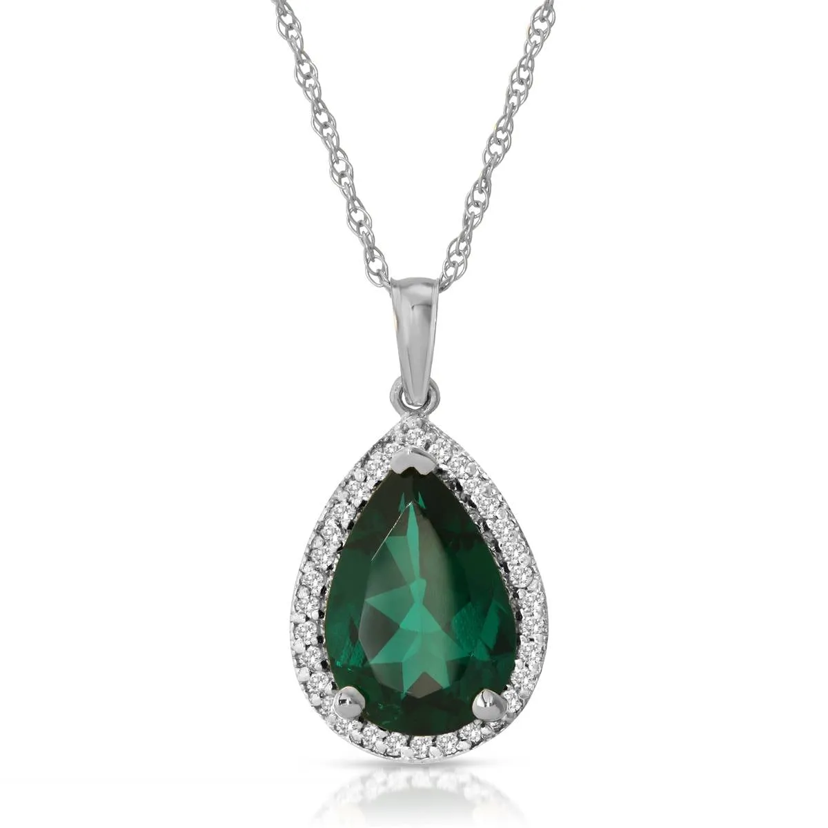 14K Solid White Gold Necklace With Natural Diamonds & Genuine Emerald 3.16 ctw High Polished Brilliant Cut - Grade AAA