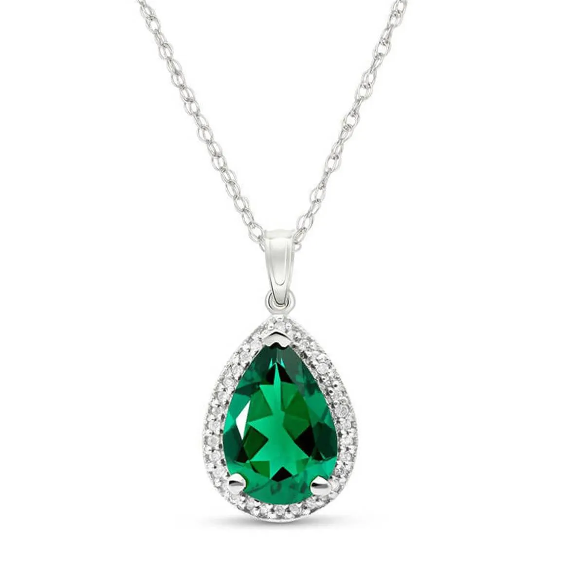 14K Solid White Gold Necklace With Natural Diamonds & Genuine Emerald 3.16 ctw High Polished Brilliant Cut - Grade AAA