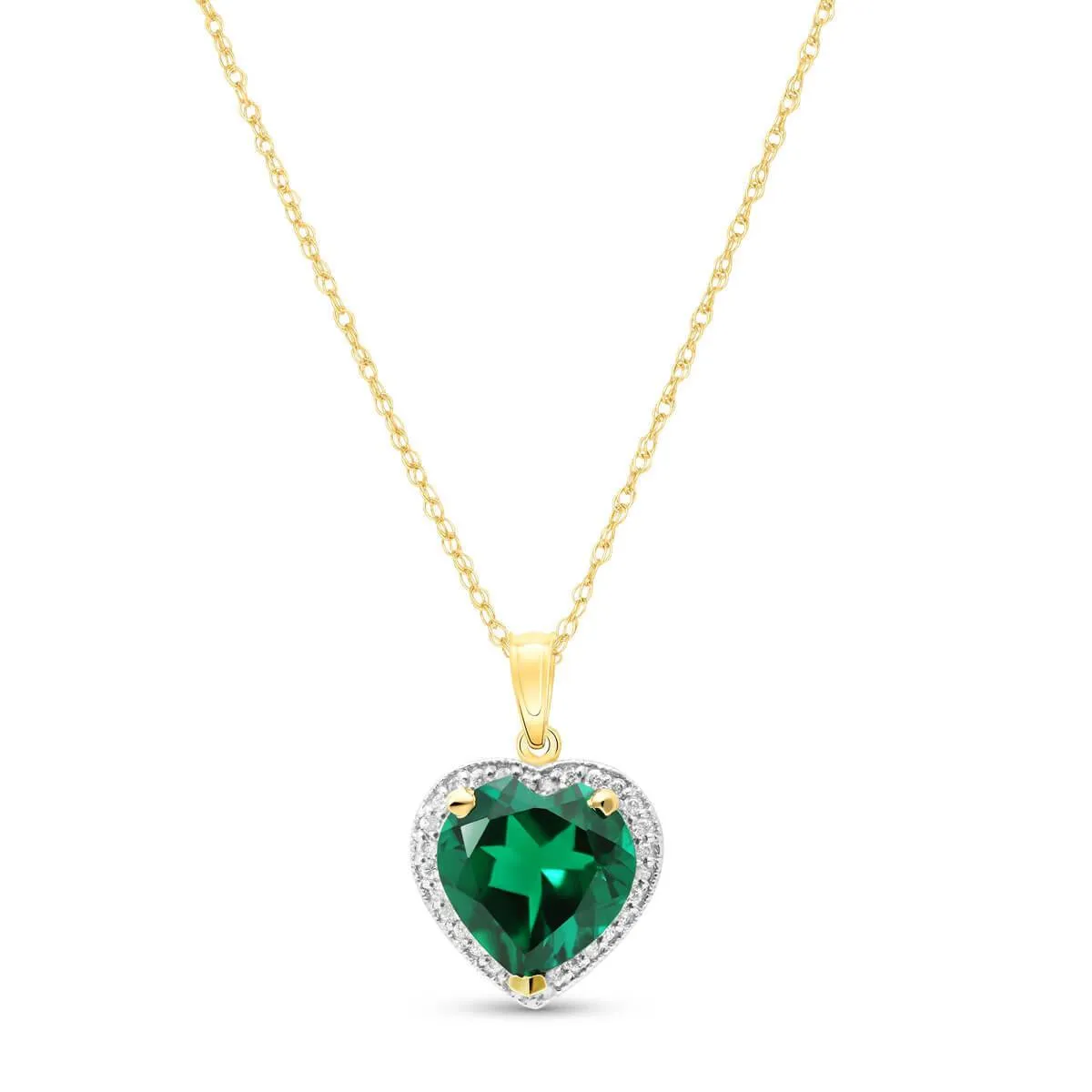 14K Solid Yellow Gold Halo Pendant Necklace With Natural Diamonds & Genuine Heart Emerald 2.89 CTW High Polished Brilliant Cut - Grade AAA