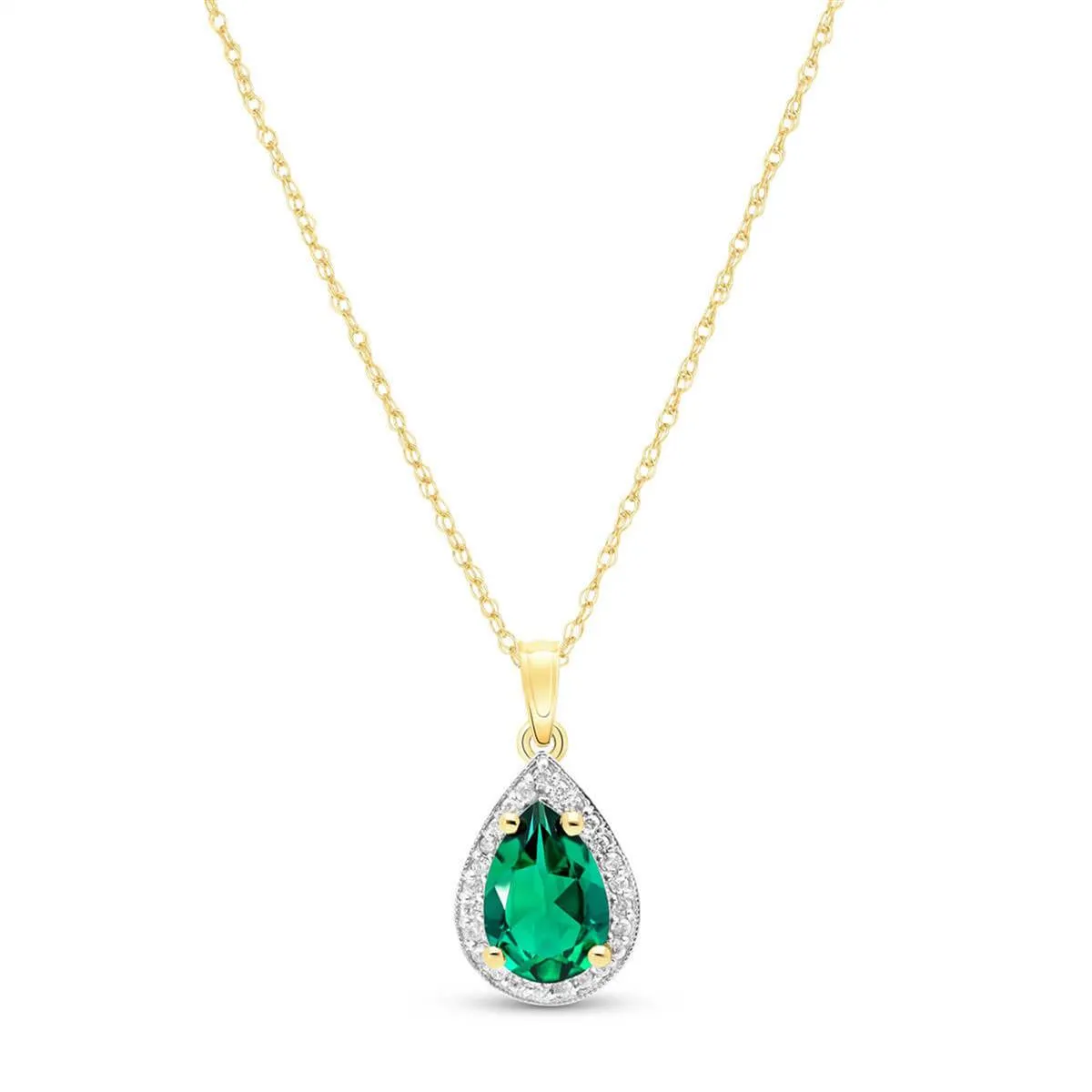 14K Solid Yellow Gold Necklace With Natural Diamonds & Genuine Emerald 1.58 ctw High Polished Brilliant Cut - Grade AAA