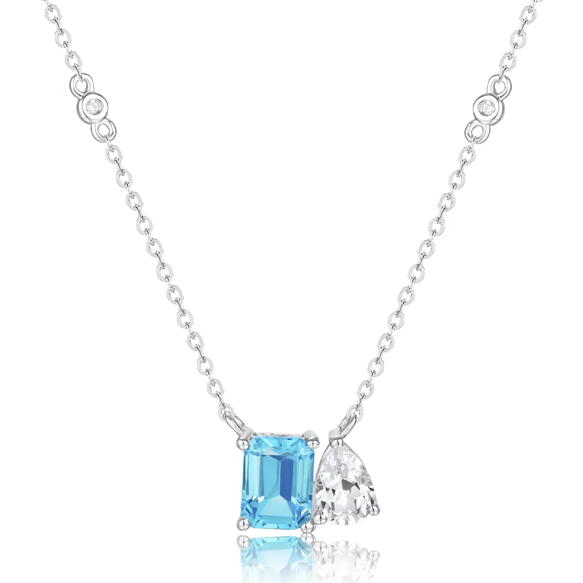 14K White Gold Necklace with White Topaz and Blue Topaz