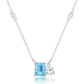 14K White Gold Necklace with White Topaz and Blue Topaz