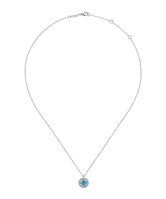 14K White Gold Round Blue Topaz and Twisted Rope Pendant Necklace