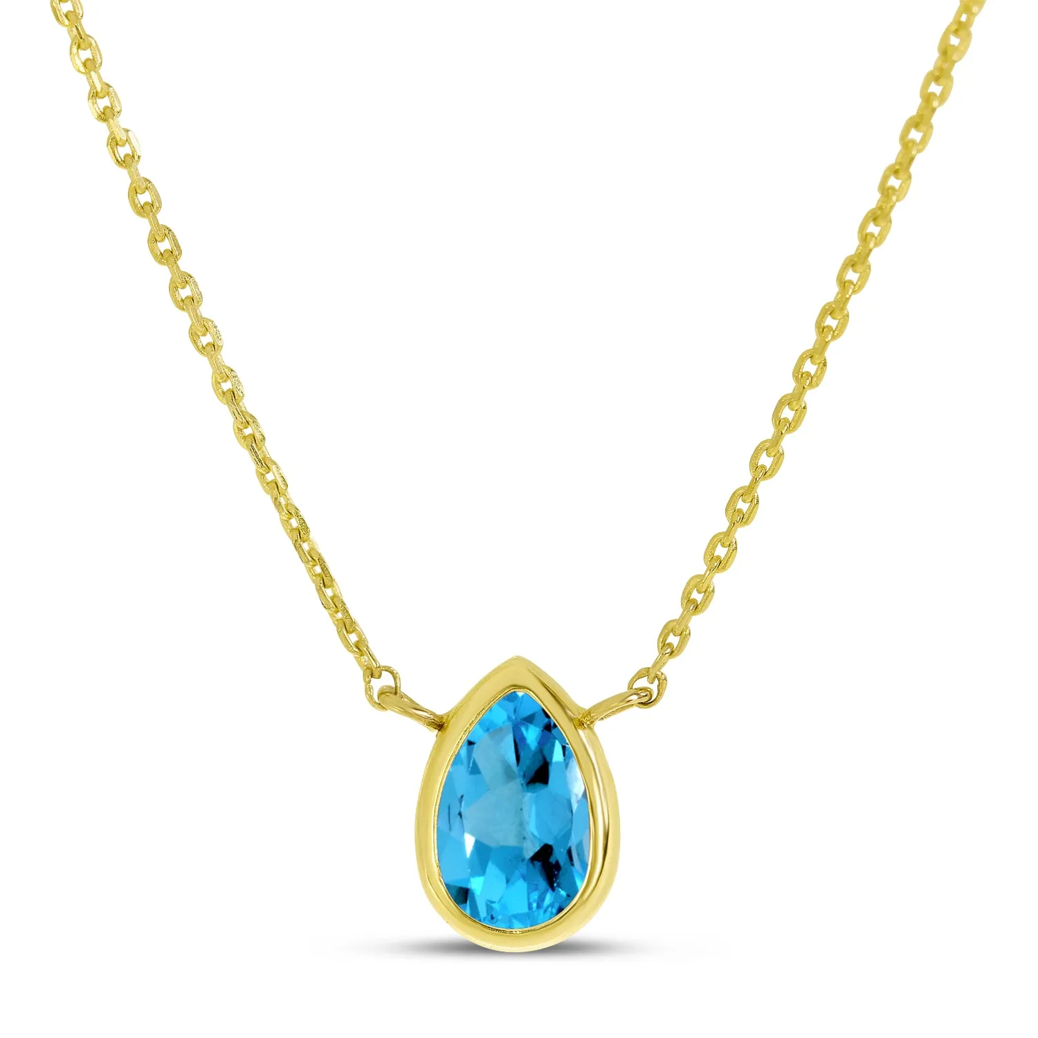 14K Yellow Gold 6x4mm Pear Shaped Blue Topaz Birthstone Necklace