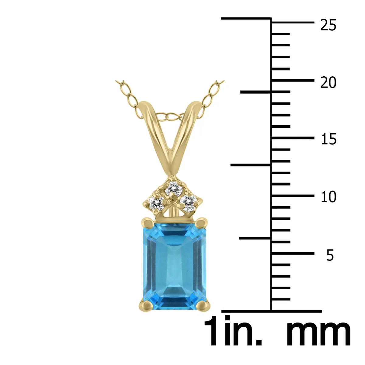 14K Yellow Gold 8X6Mm Emerald Shaped Blue Topaz And Three Stone Diamond Pendant