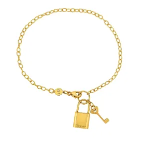 14k Yellow Gold Chain Lock And Key Bracelet, 7.5"