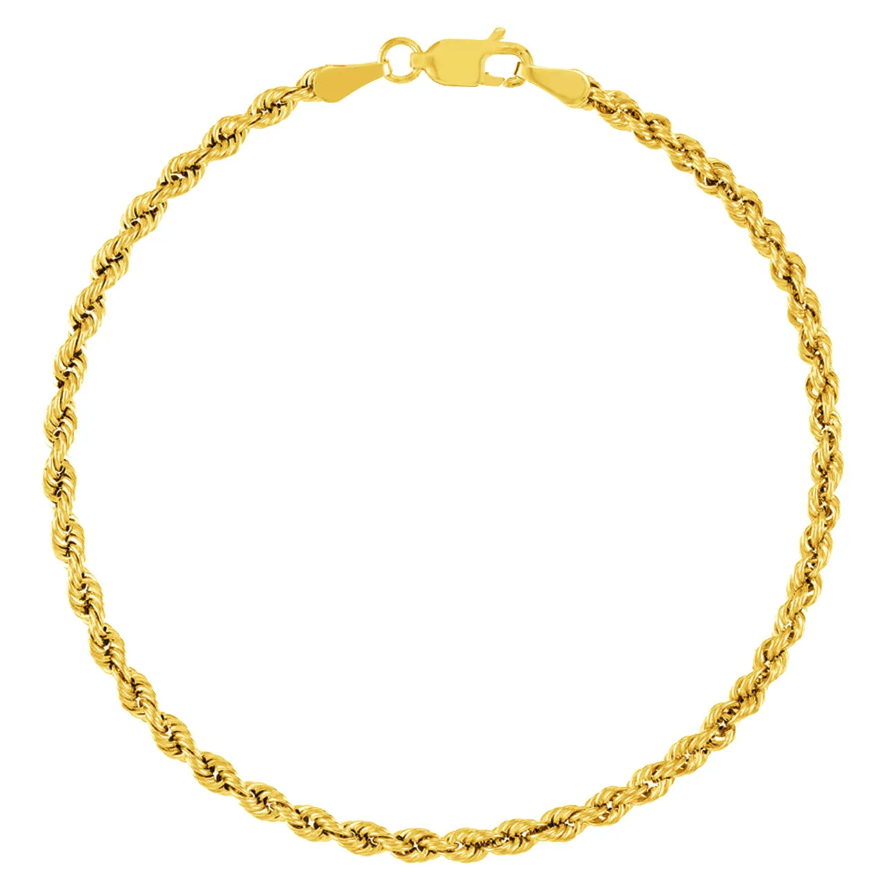 14k Yellow Gold Hollow 4mm Rope Chain Bracelet with Lobster Lock - Light Rope Chain Bracelet with Diamond Cut