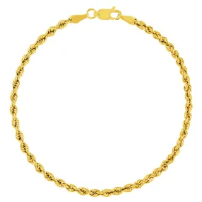 14k Yellow Gold Hollow 4mm Rope Chain Bracelet with Lobster Lock - Light Rope Chain Bracelet with Diamond Cut