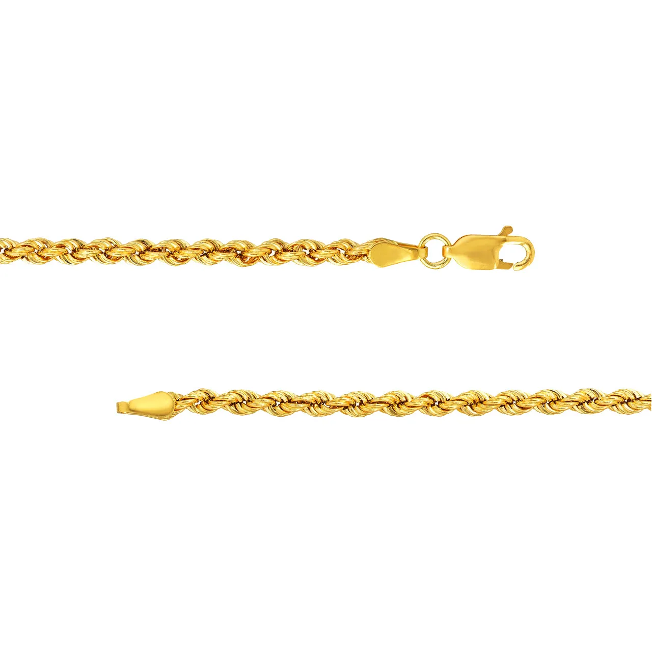 14k Yellow Gold Hollow 4mm Rope Chain Bracelet with Lobster Lock - Light Rope Chain Bracelet with Diamond Cut