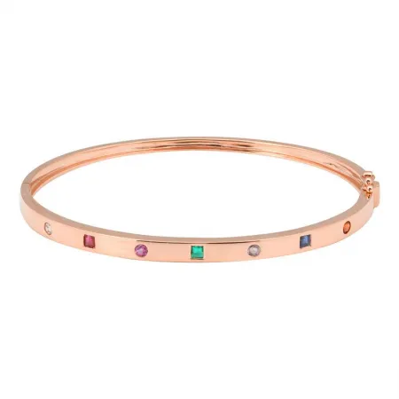 14K Yellow Gold Round   Square Multi Gemstone Bangle