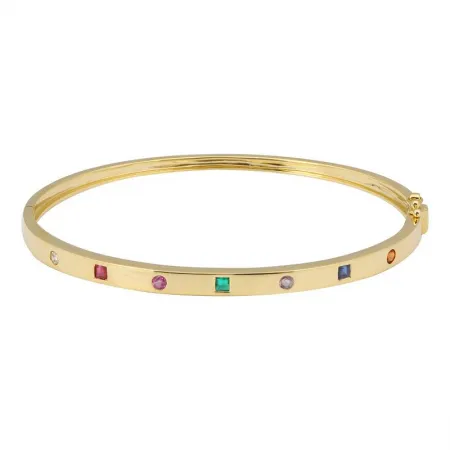 14K Yellow Gold Round   Square Multi Gemstone Bangle