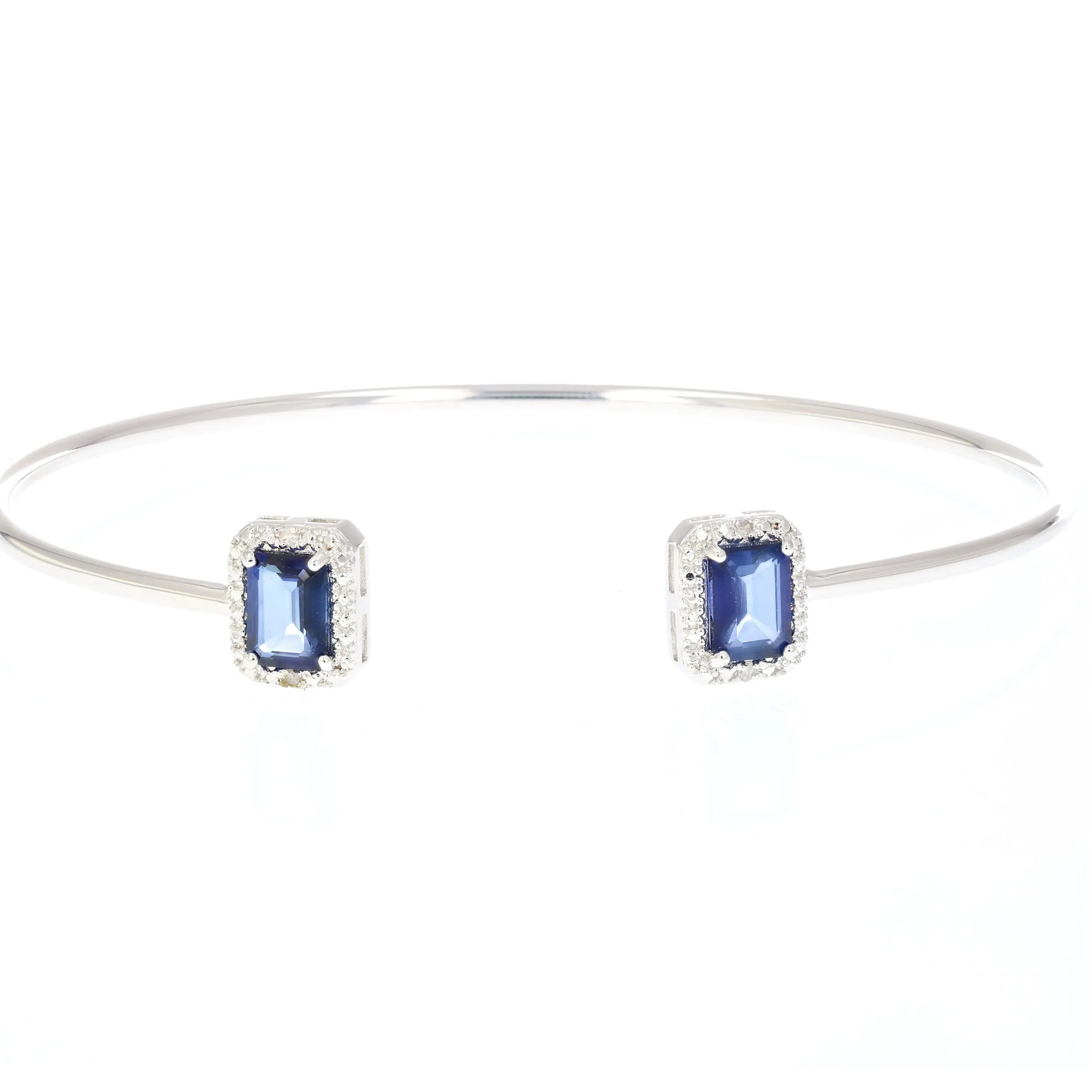 1.50 cttw Created Blue Sapphire Cuff Bangle With Rhodium Plating