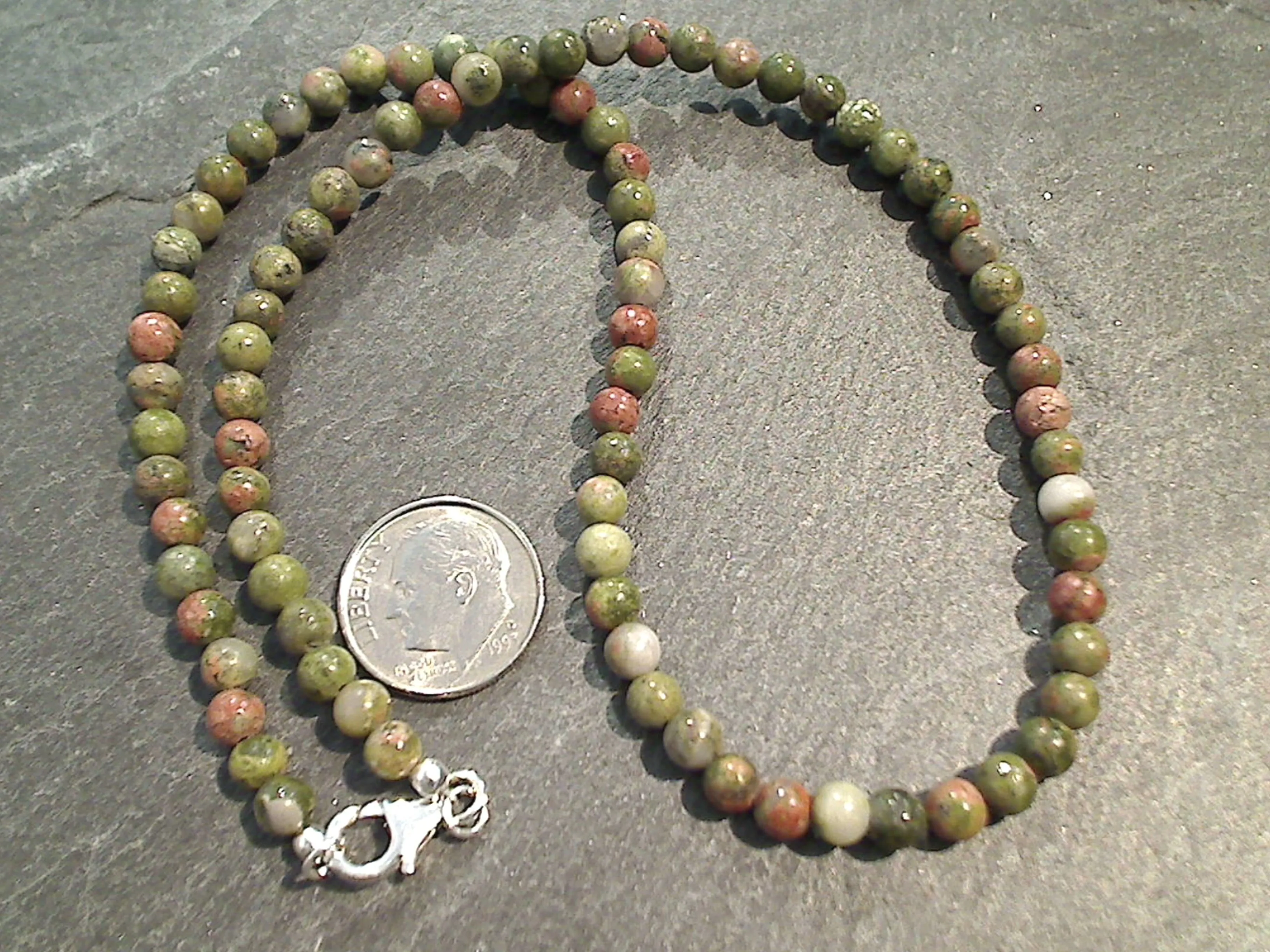 16" Unakite, Sterling Silver 4MM to 5MM Necklace