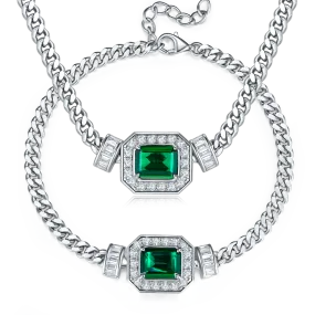 1.83 Carat Rectangular Lab Created Emerald Halo Necklace and Bracelet Set in S925 Silver Plated Platinum