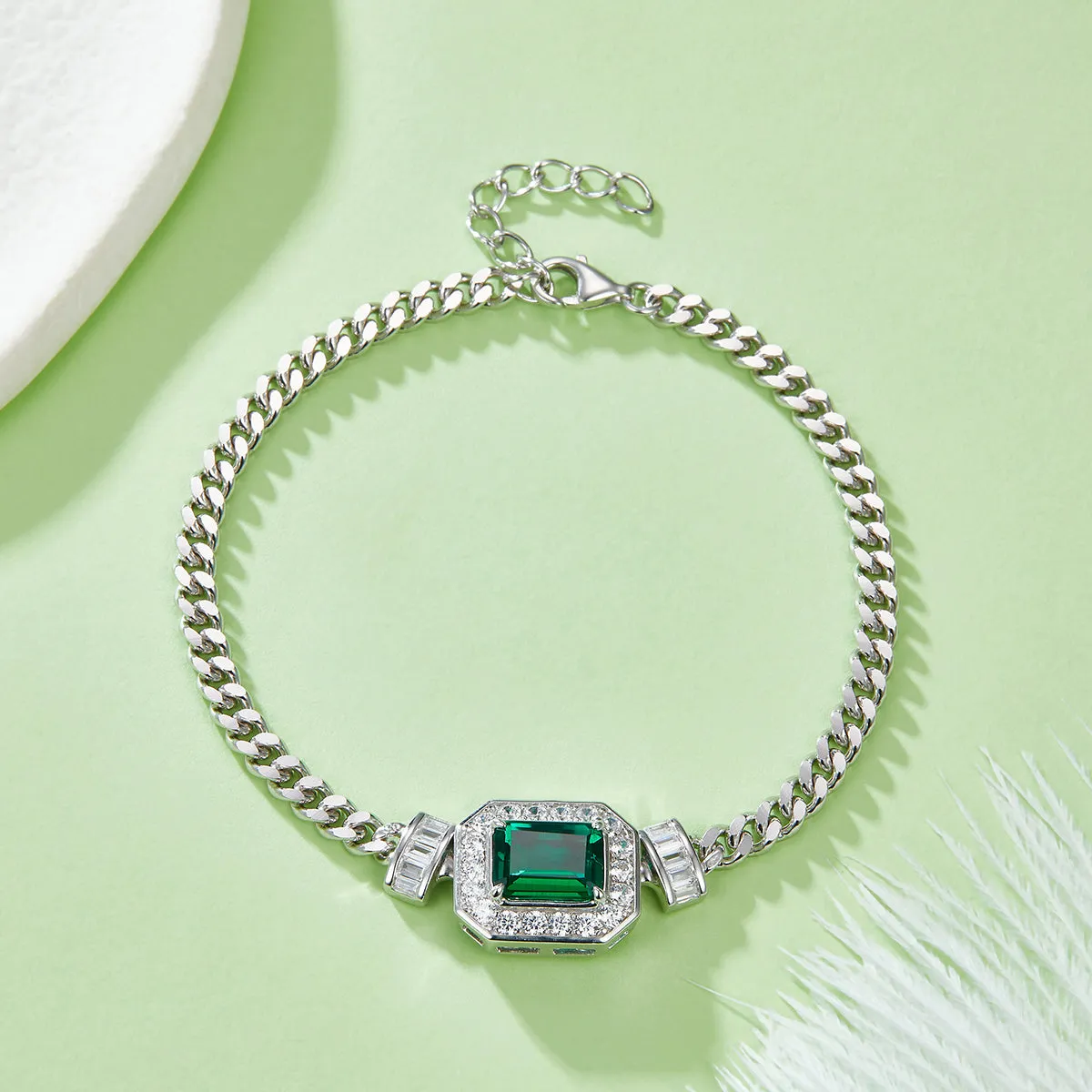 1.83 Carat Rectangular Lab Created Emerald Halo Necklace and Bracelet Set in S925 Silver Plated Platinum