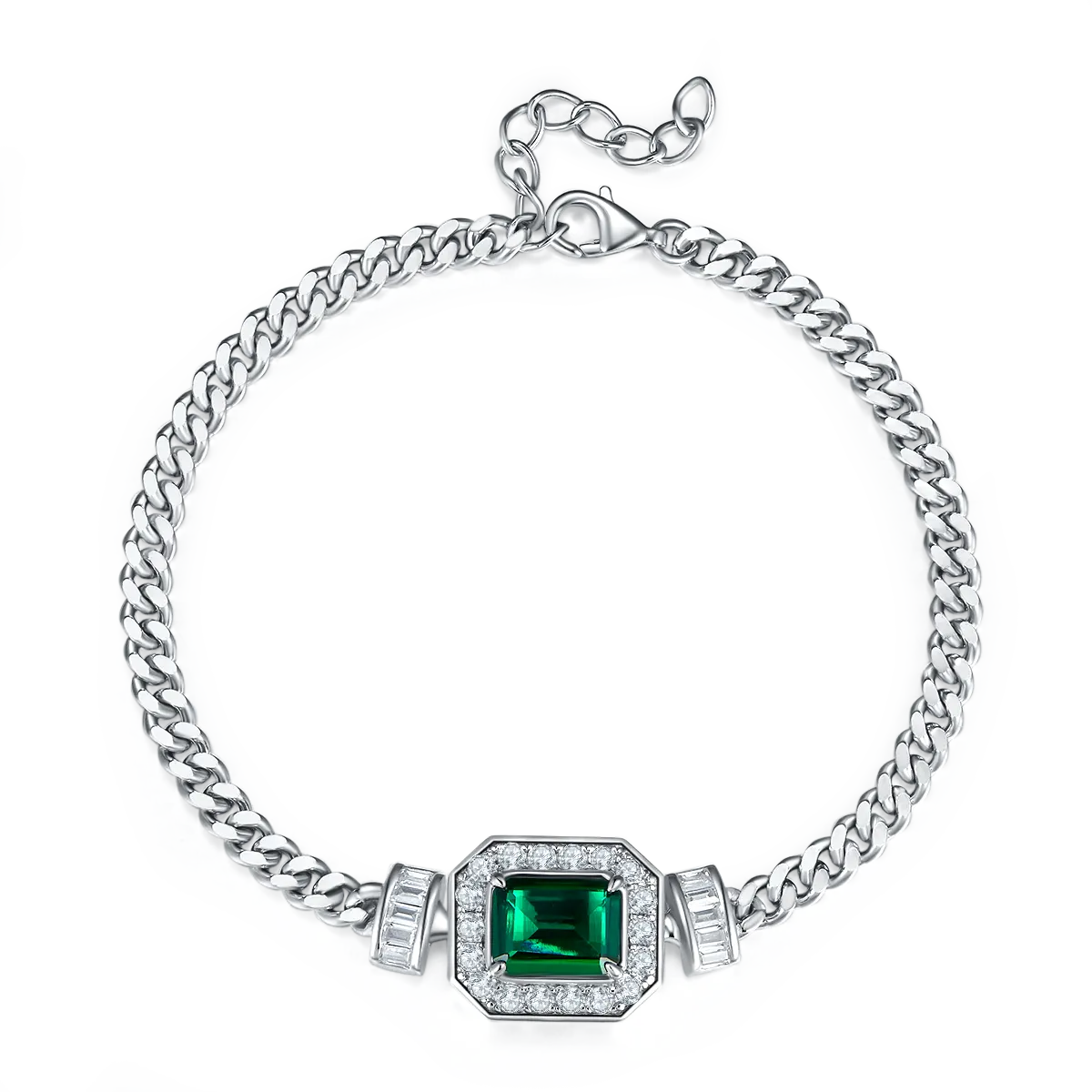 1.83 Carat Rectangular Lab Created Emerald Halo Necklace and Bracelet Set in S925 Silver Plated Platinum