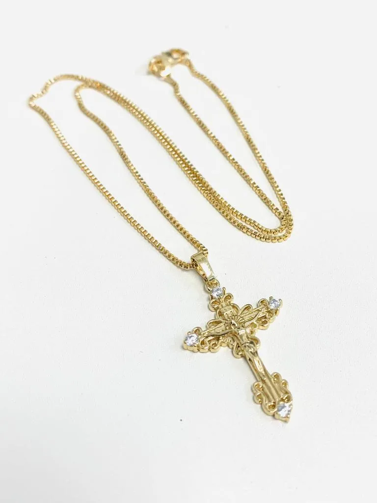 18K Gold Filled Jesus Cross Necklace CZ Stone Box Link Chain 20" INCH For Womens