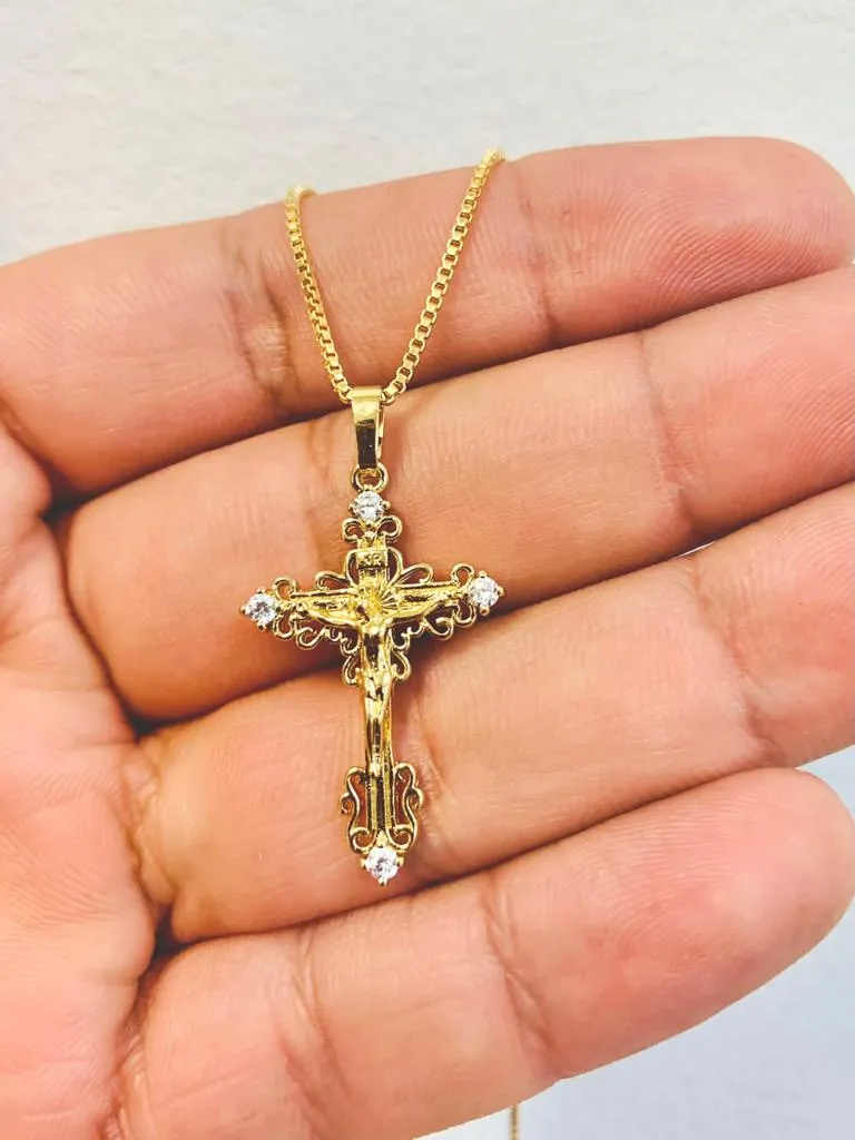 18K Gold Filled Jesus Cross Necklace CZ Stone Box Link Chain 20" INCH For Womens