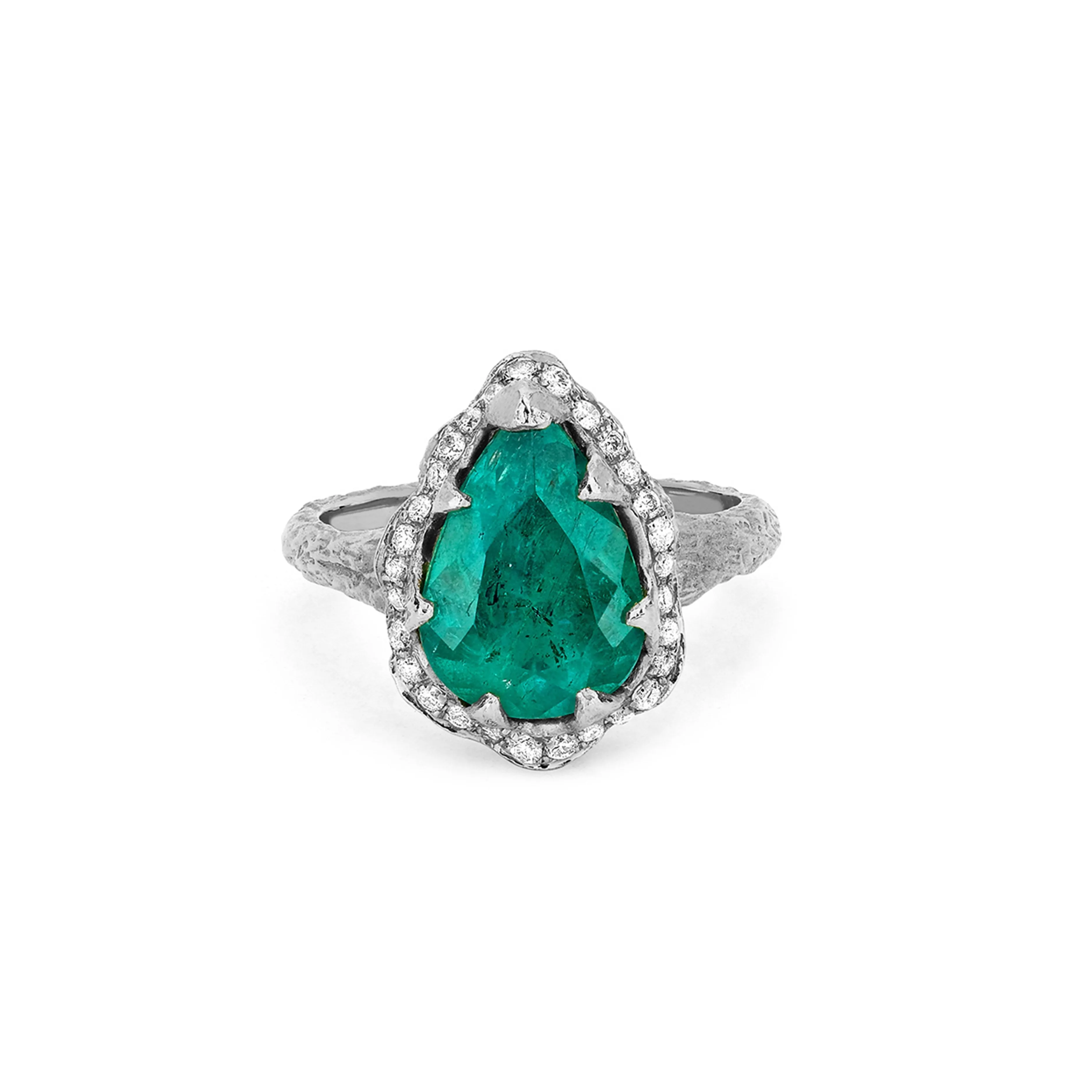 18k Medium Premium Water Drop Colombian Emerald Queen Ring with Full Pavé Diamond Halo