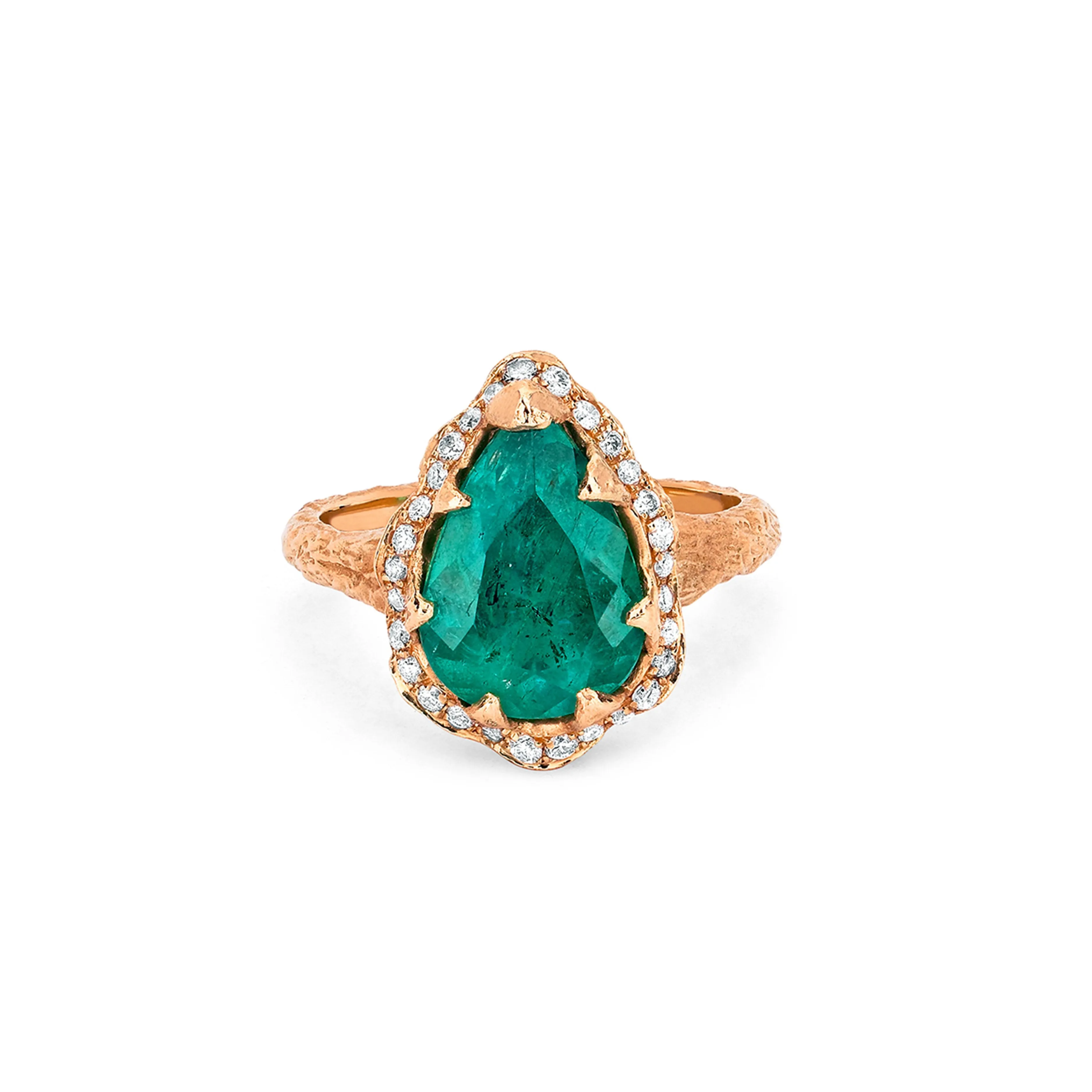 18k Medium Premium Water Drop Colombian Emerald Queen Ring with Full Pavé Diamond Halo