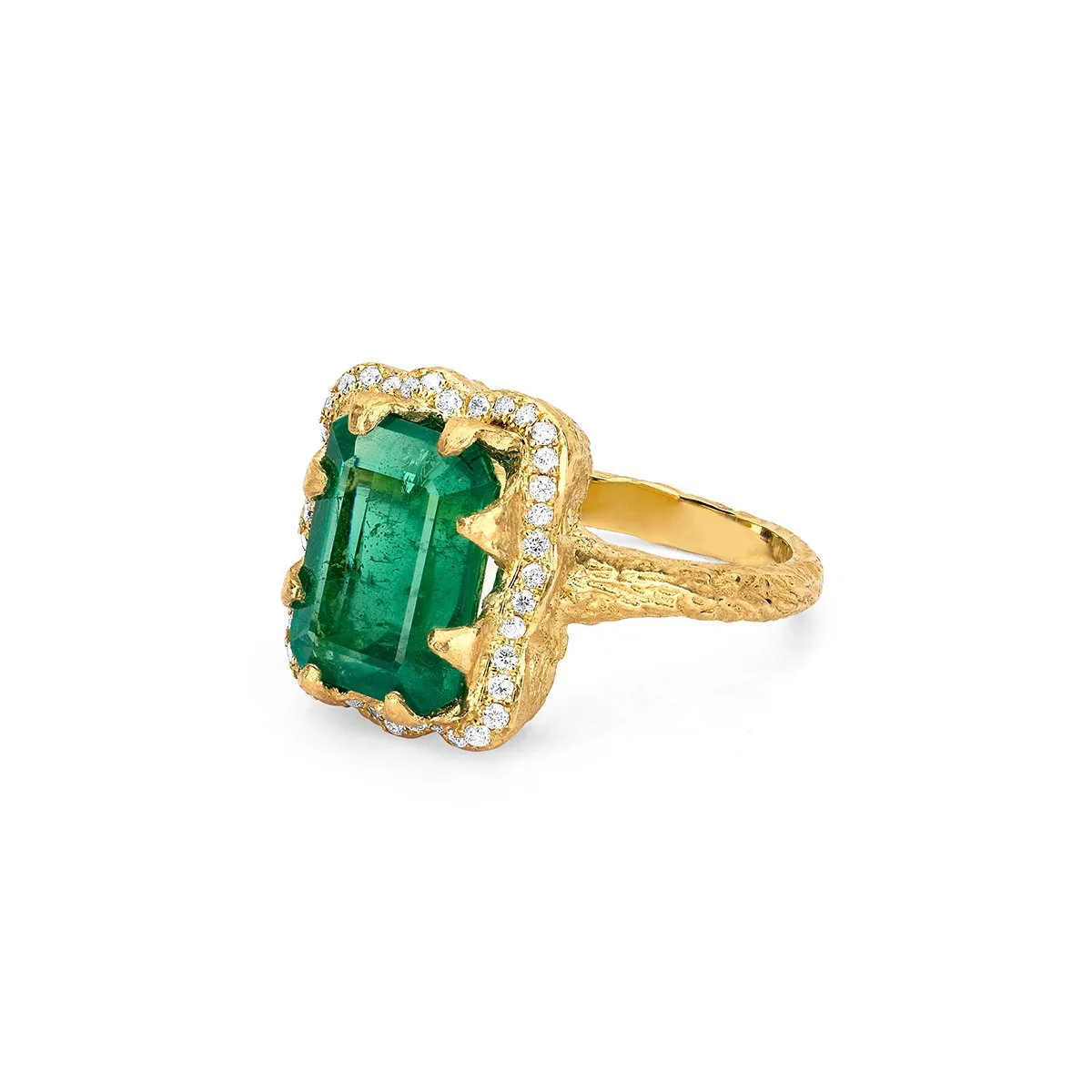 18k Queen Emerald Cut Emerald Ring with Full Pavé Diamond Halo