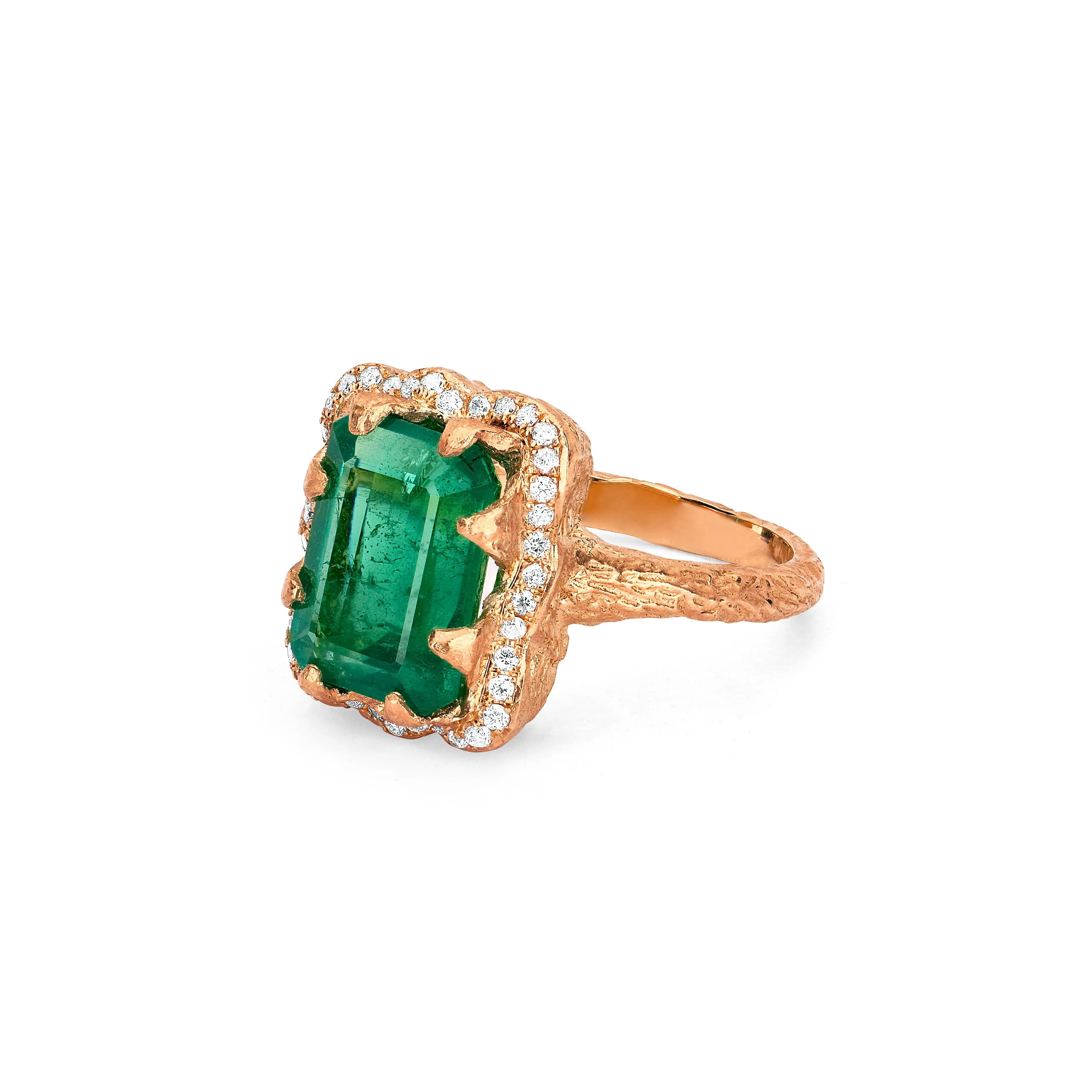 18k Queen Emerald Cut Emerald Ring with Full Pavé Diamond Halo