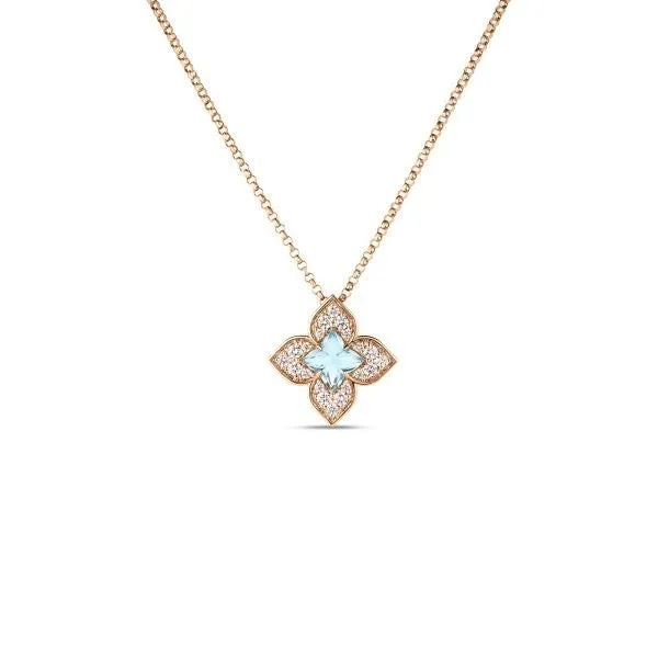 18K Rose Gold Venetian Princess Carnevale Small Diamond & Blue Topaz Flower Necklace