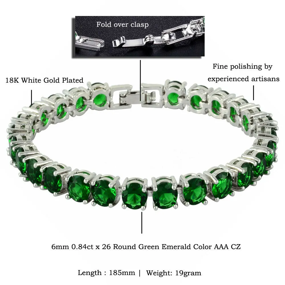 18K White Gold Plated Round Cut Simulated Emerald Tennis Bracelet