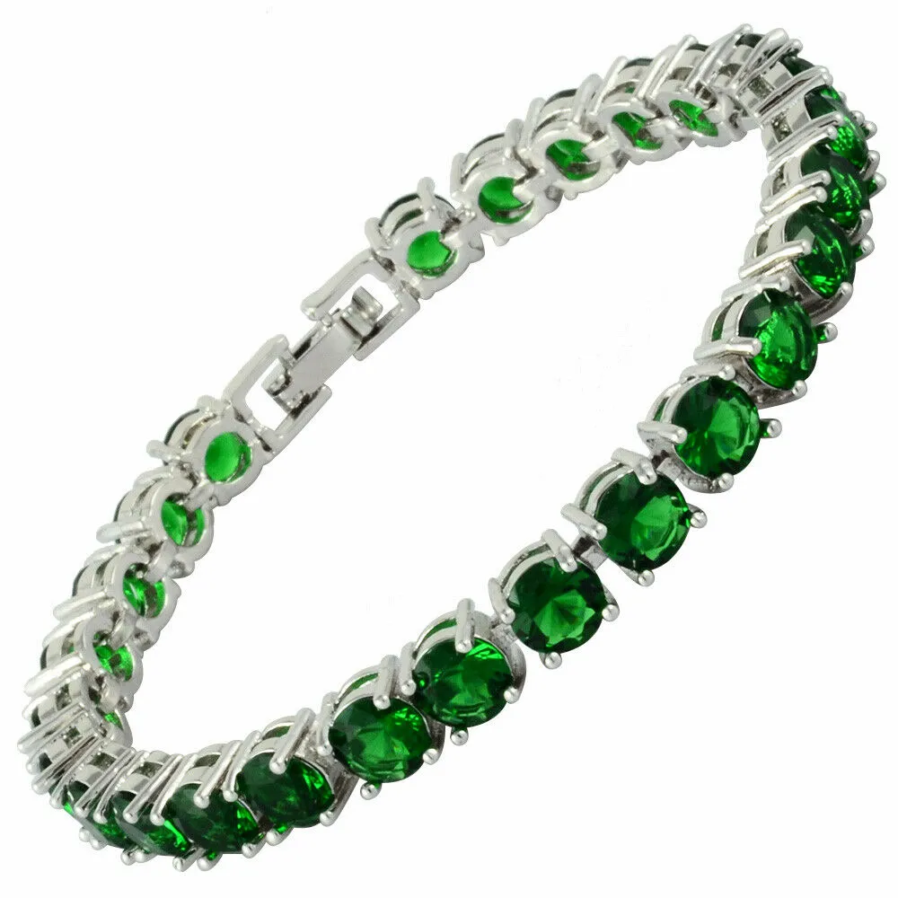 18K White Gold Plated Round Cut Simulated Emerald Tennis Bracelet