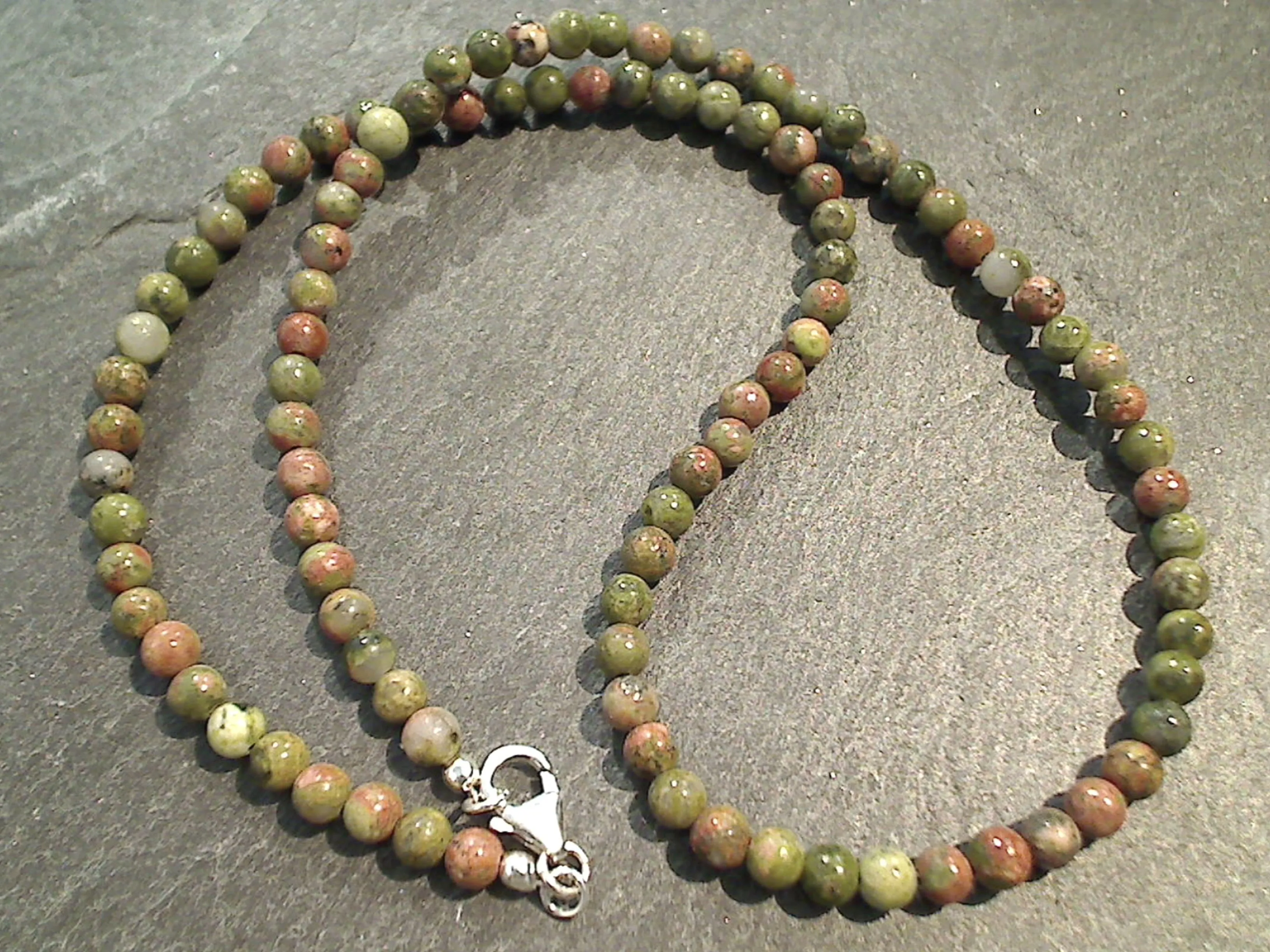 18" Unakite, Sterling Silver 4MM to 5MM Necklace