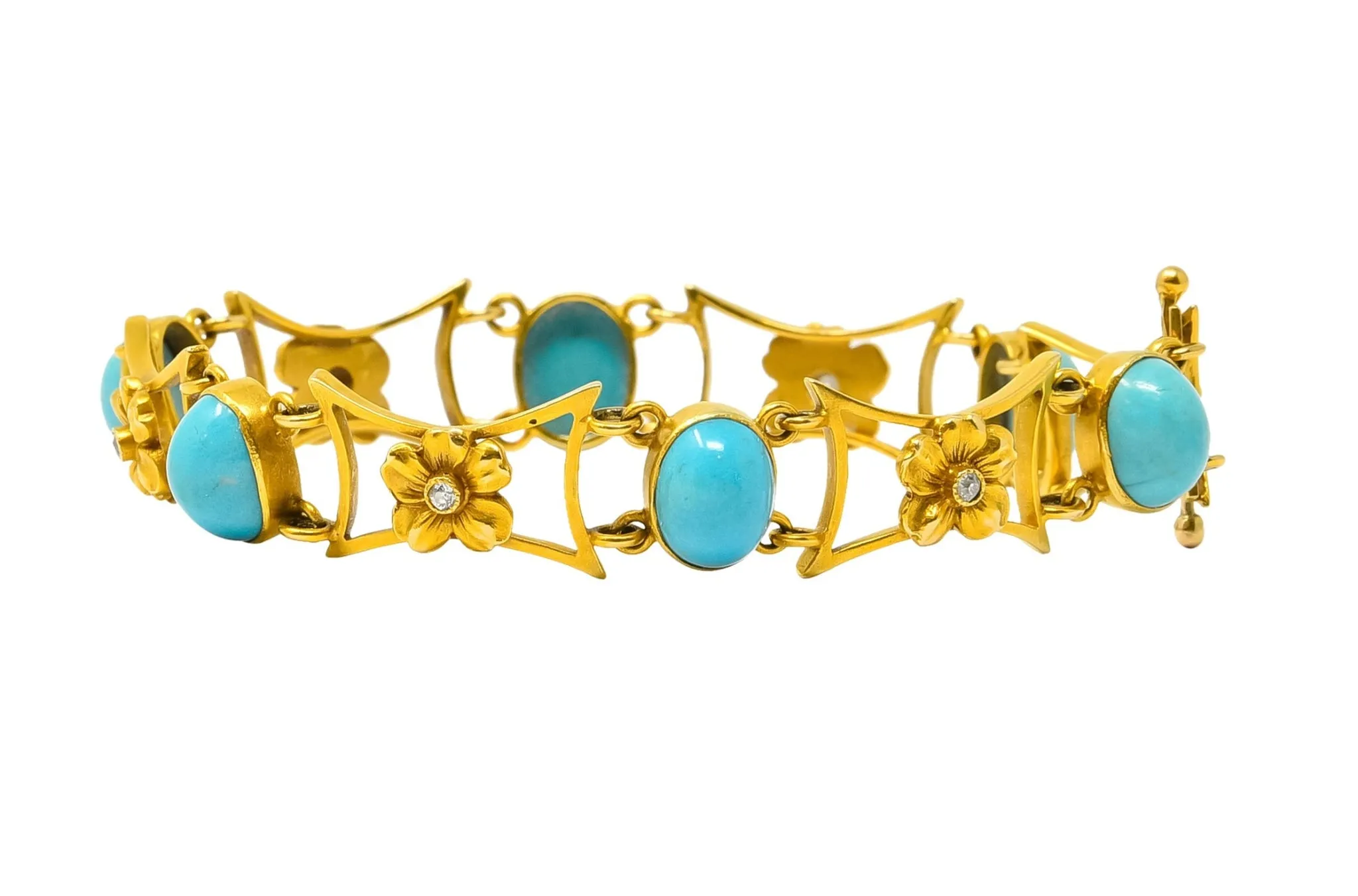 1905 Victorian Turquoise Diamond 14 Karat Yellow Gold Floral Link Bracelet